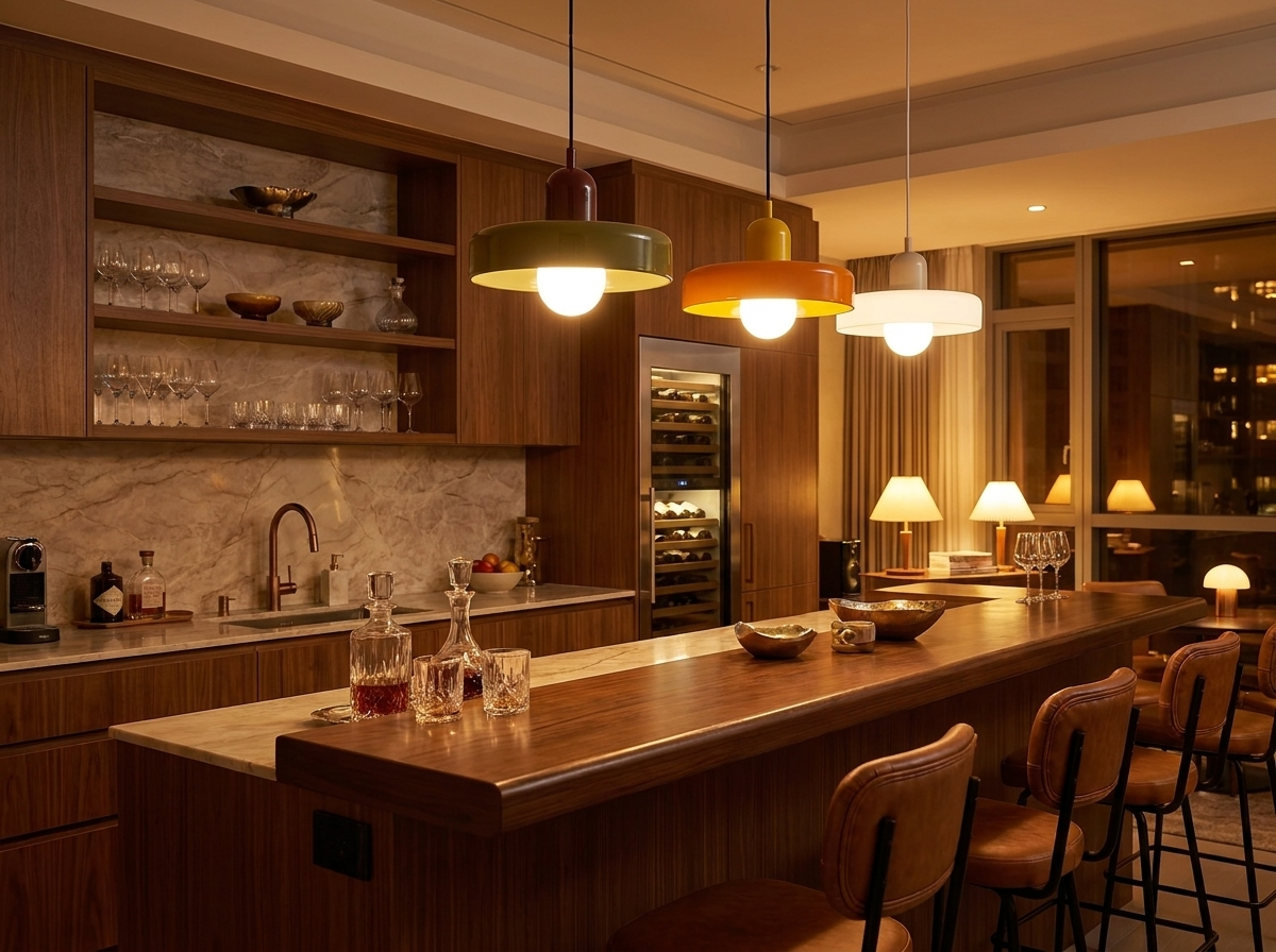Grouped colored glass pendant lights above a luxury kitchen counter with warm evening ambiance
