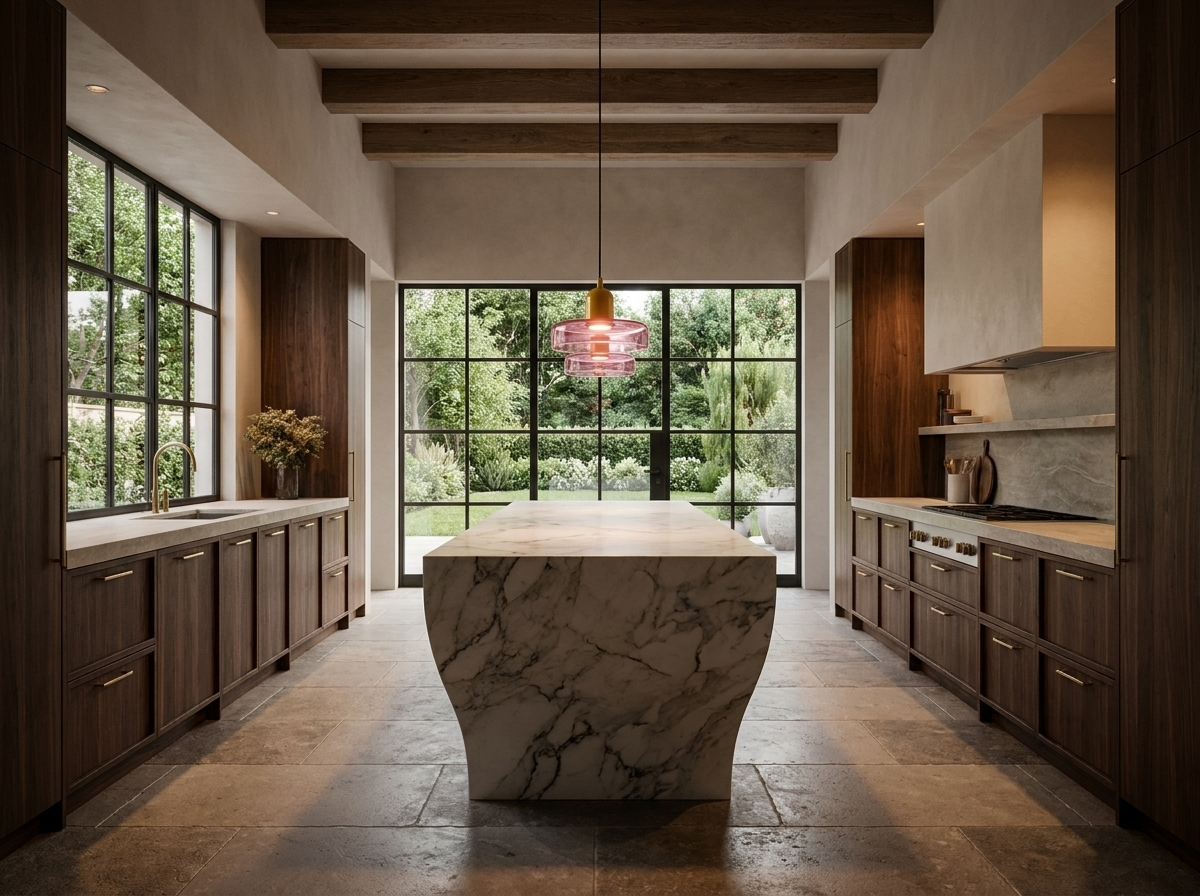 Pink colored glass pendant light in a magazine-quality designer kitchen with island