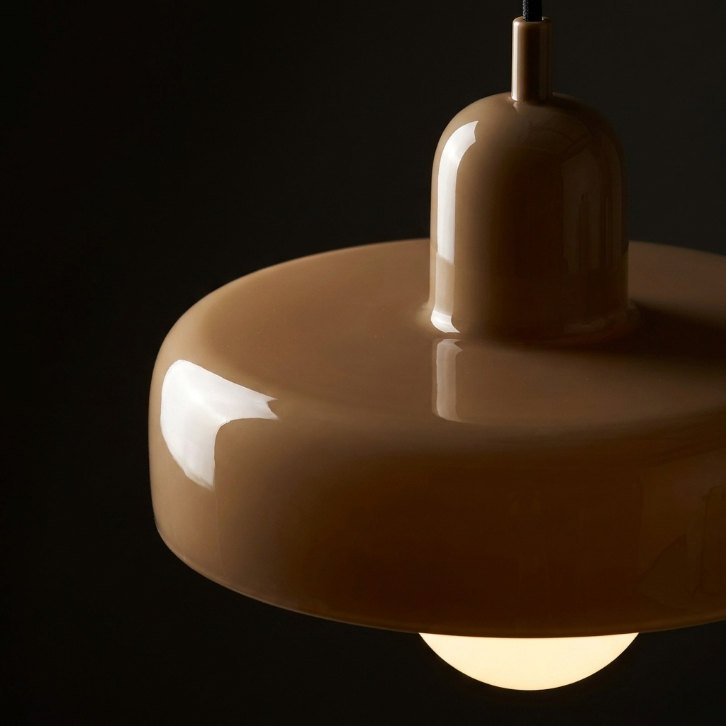Close-up architectural detail of the brown colored glass pendant shade
