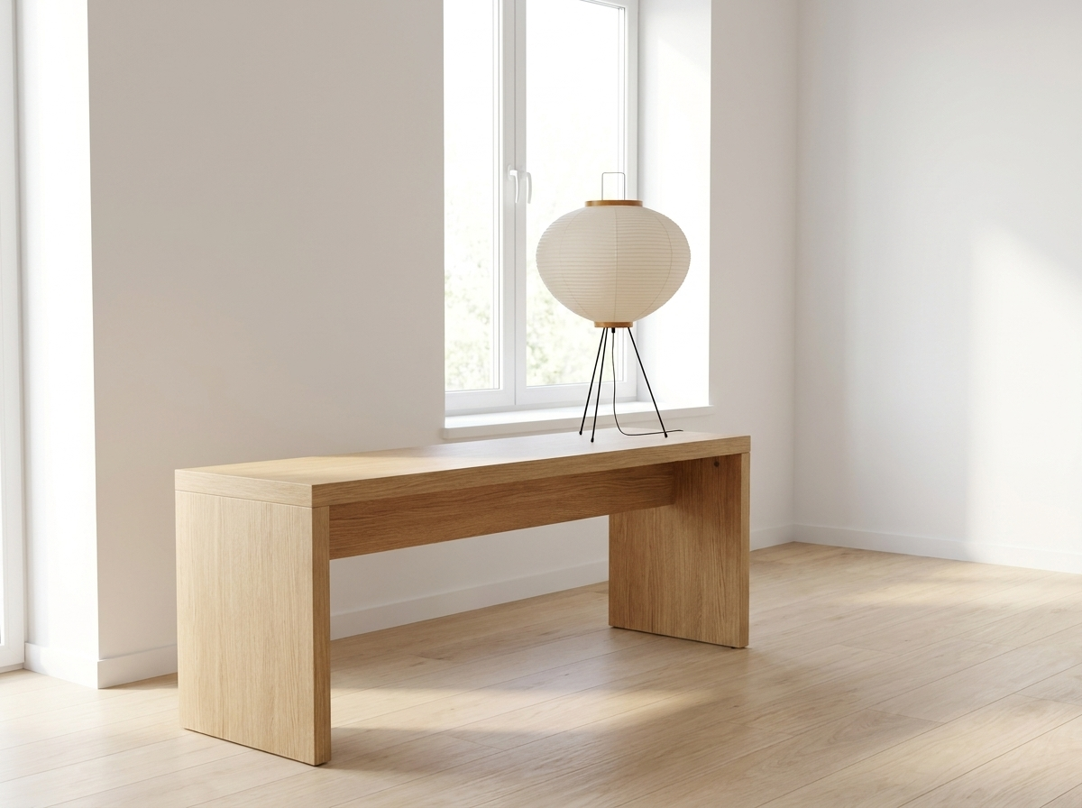 Medium rice paper table lamp on a bright minimalist console table