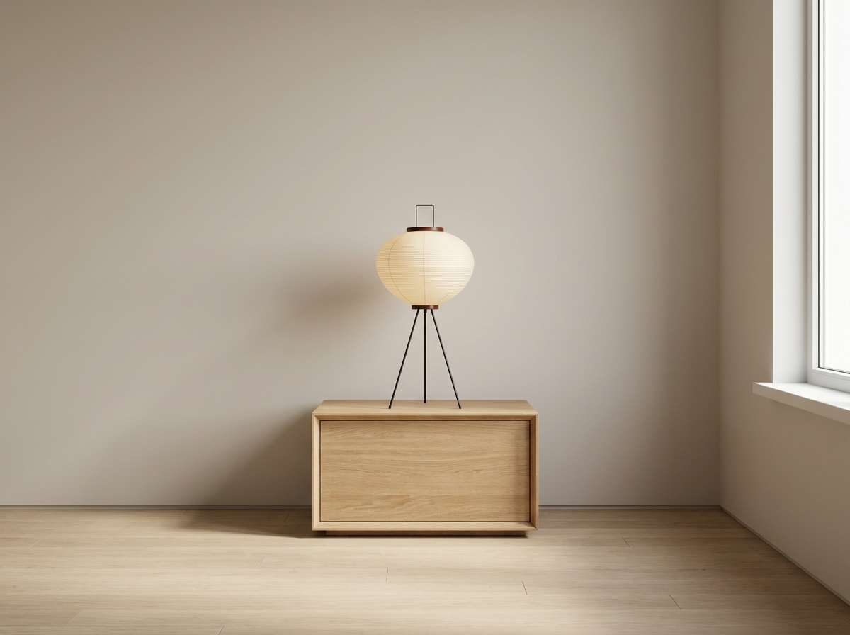 Small rice paper table lamp on a bright minimalist nightstand