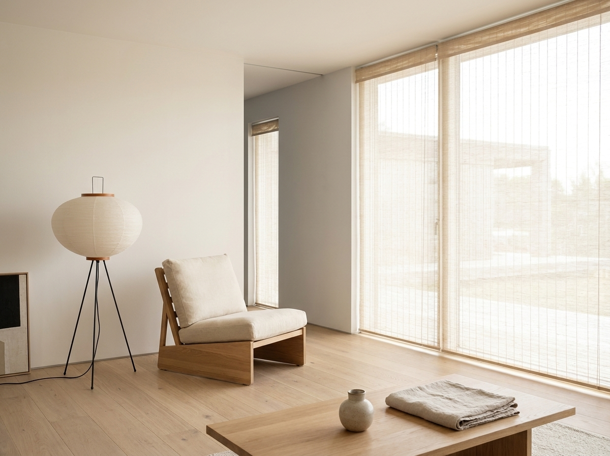 Alternate wide angle of the rice paper floor lamp in a Japandi living room