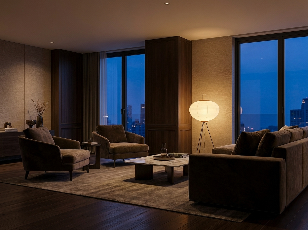 Rice paper floor lamp in a luxury living room with warm evening ambiance