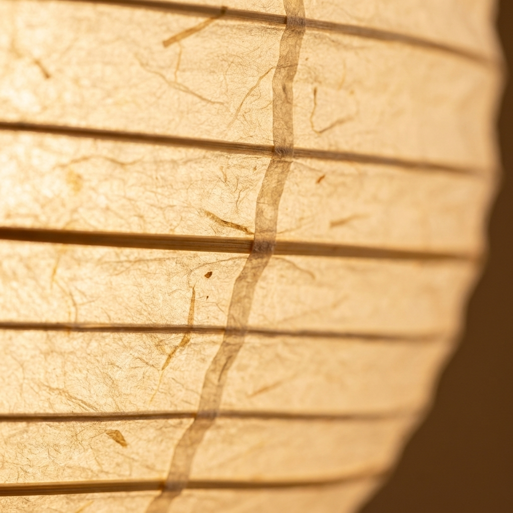 Macro close-up of the rice paper shade texture, glowing warmly