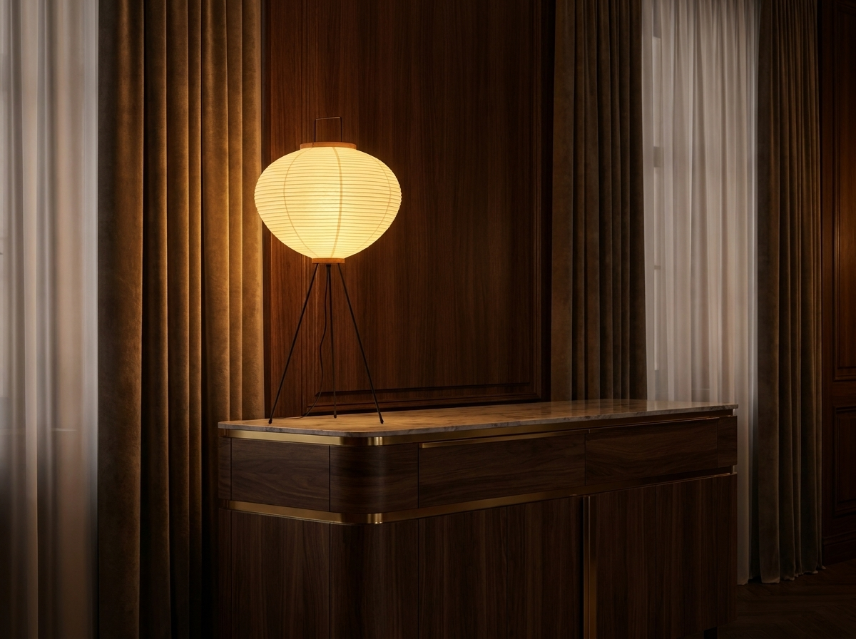 Medium rice paper table lamp glowing warmly on a luxury console table