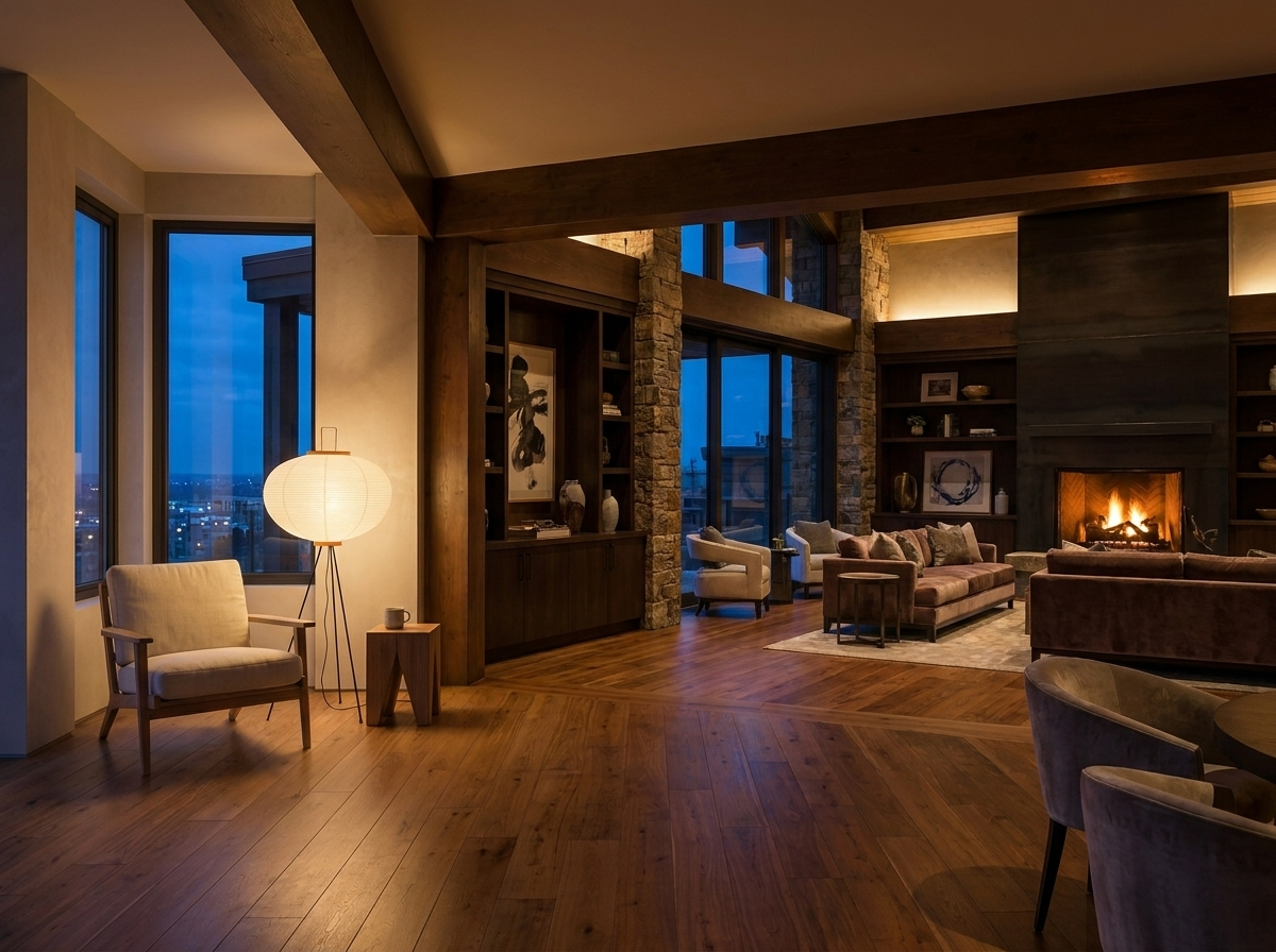Alternate wide angle of the rice paper floor lamp in a warm luxury living room