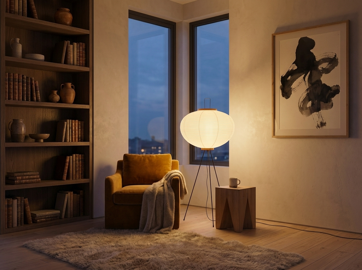 Rice paper floor lamp in a warm luxury reading nook