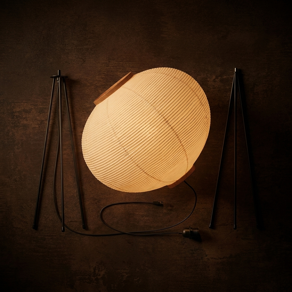 Flat lay product photo of the rice paper lamp shade on a warm background