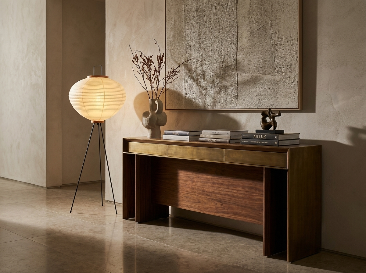 Designer medium rice paper table lamp on a magazine-quality console table