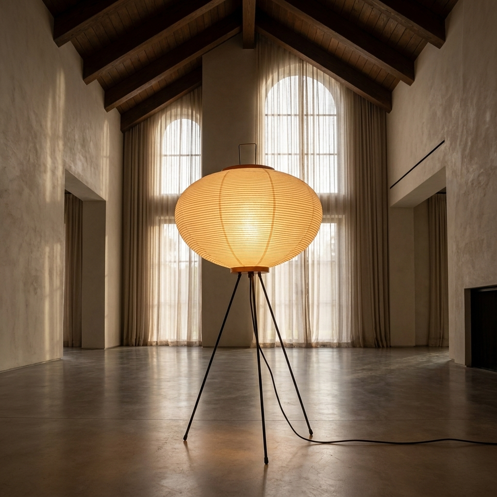 Dramatic low angle of the designer rice paper floor lamp in a vaulted living room