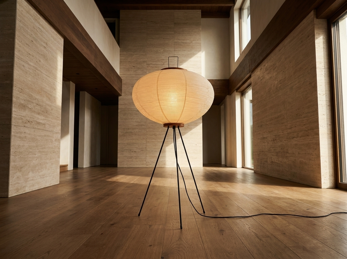 Alternate dramatic angle of the designer rice paper floor lamp in a luxury living room