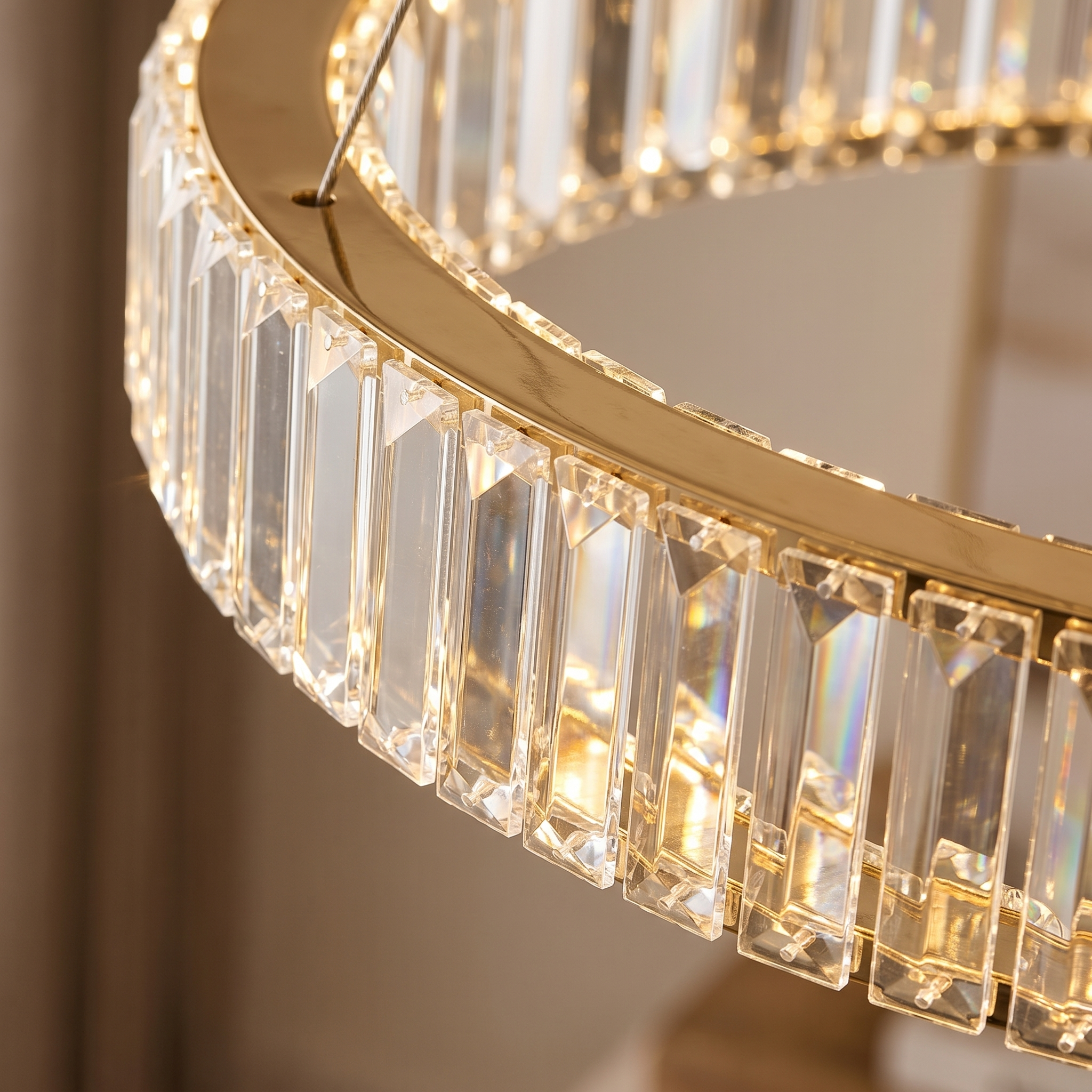 Solaria Crystal Ring Chandelier close-up, gold finish and hand-set crystal strip detail