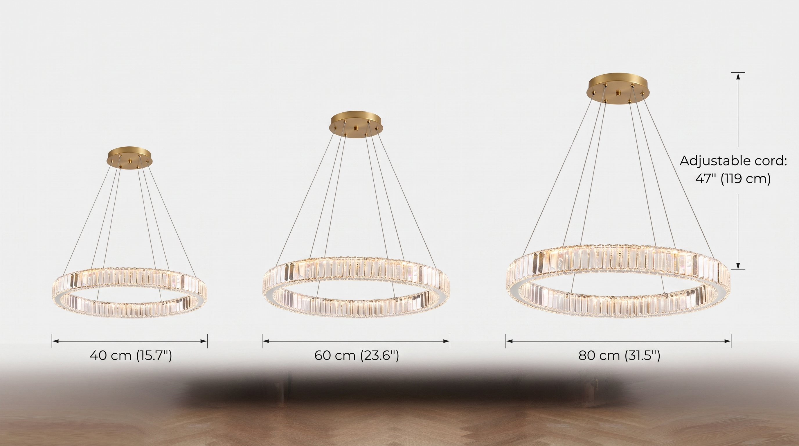 Solaria Crystal Ring Chandelier dimension guide: 40cm, 60cm, and 80cm sizes with adjustable 47in cord