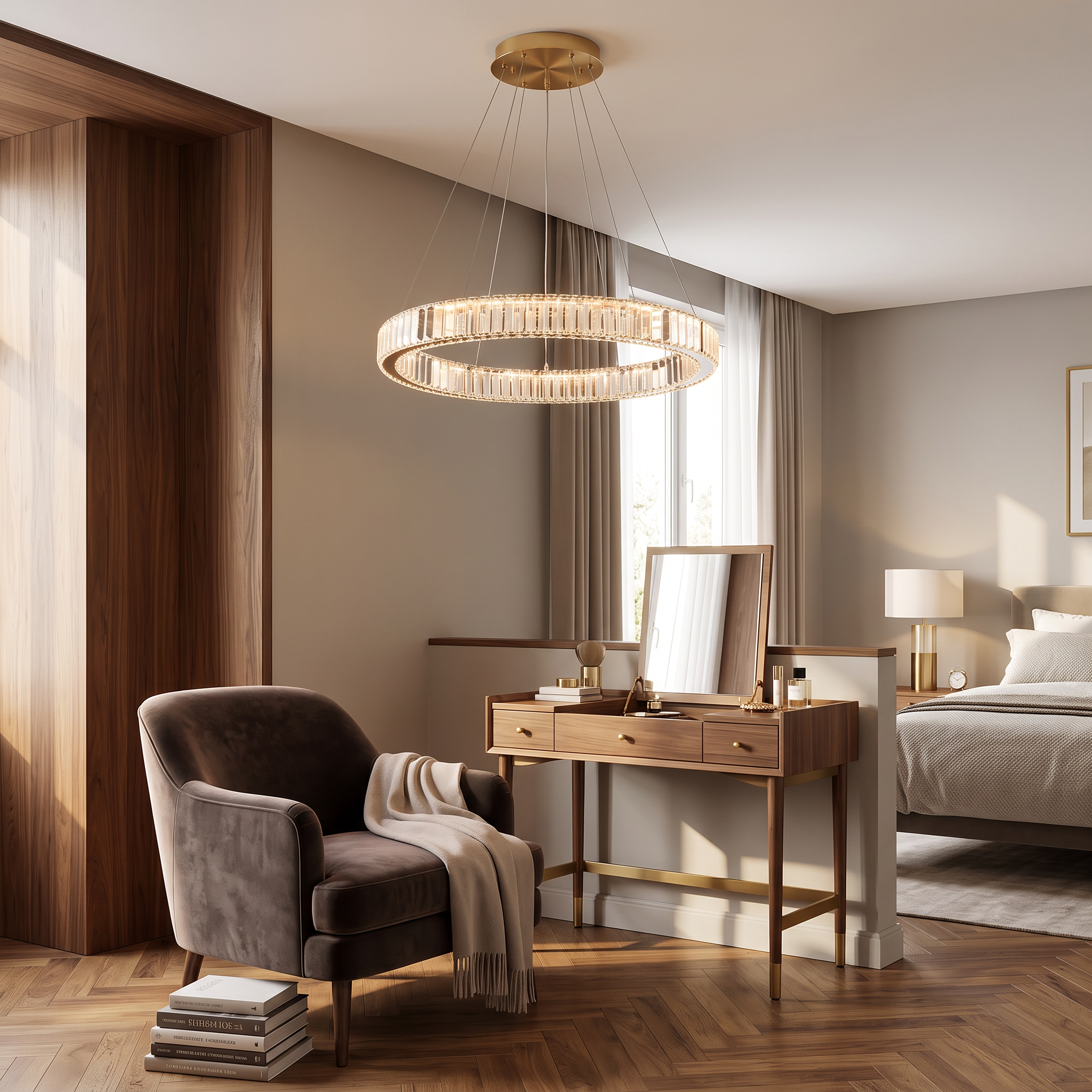 Solaria Crystal Ring Chandelier, 40cm, styled in a luxury bedroom reading nook