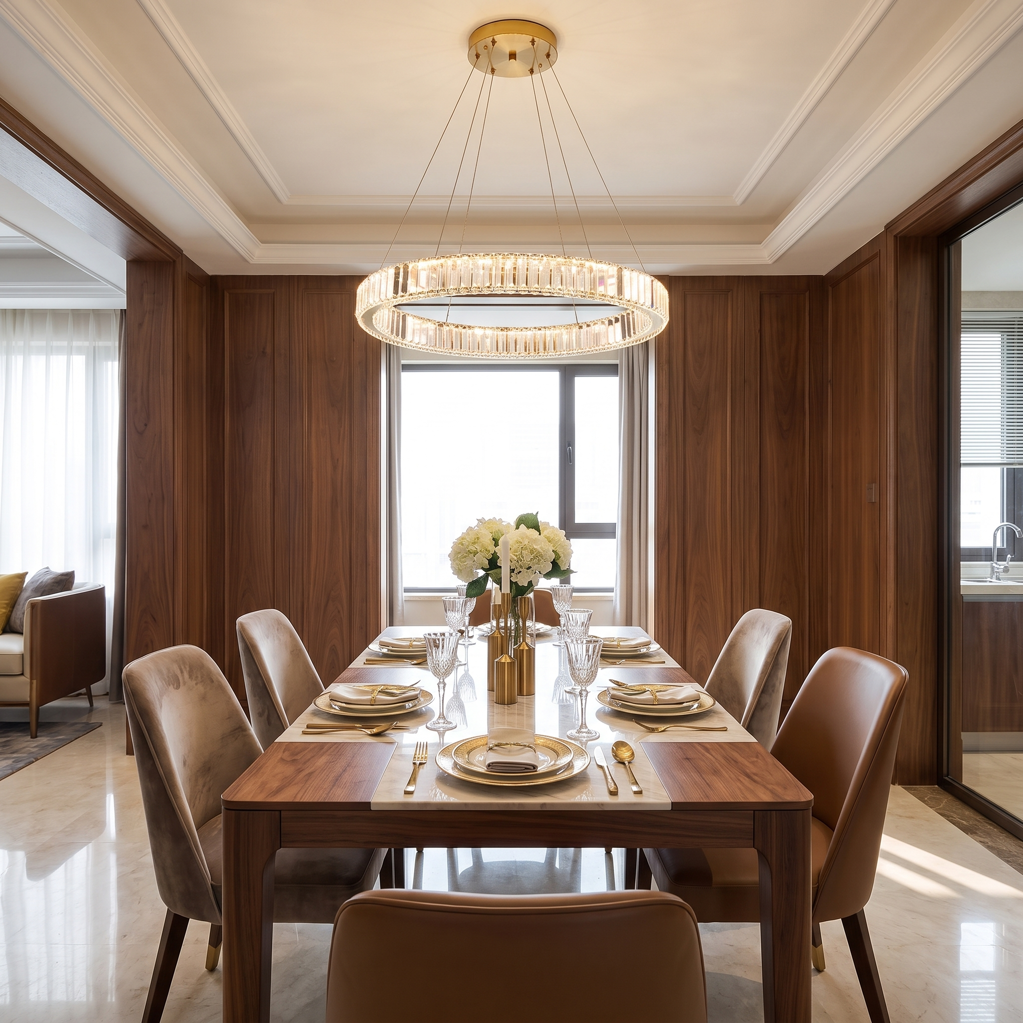 Solaria Crystal Ring Chandelier, 60cm, hanging over a dining table in a modern luxury dining room