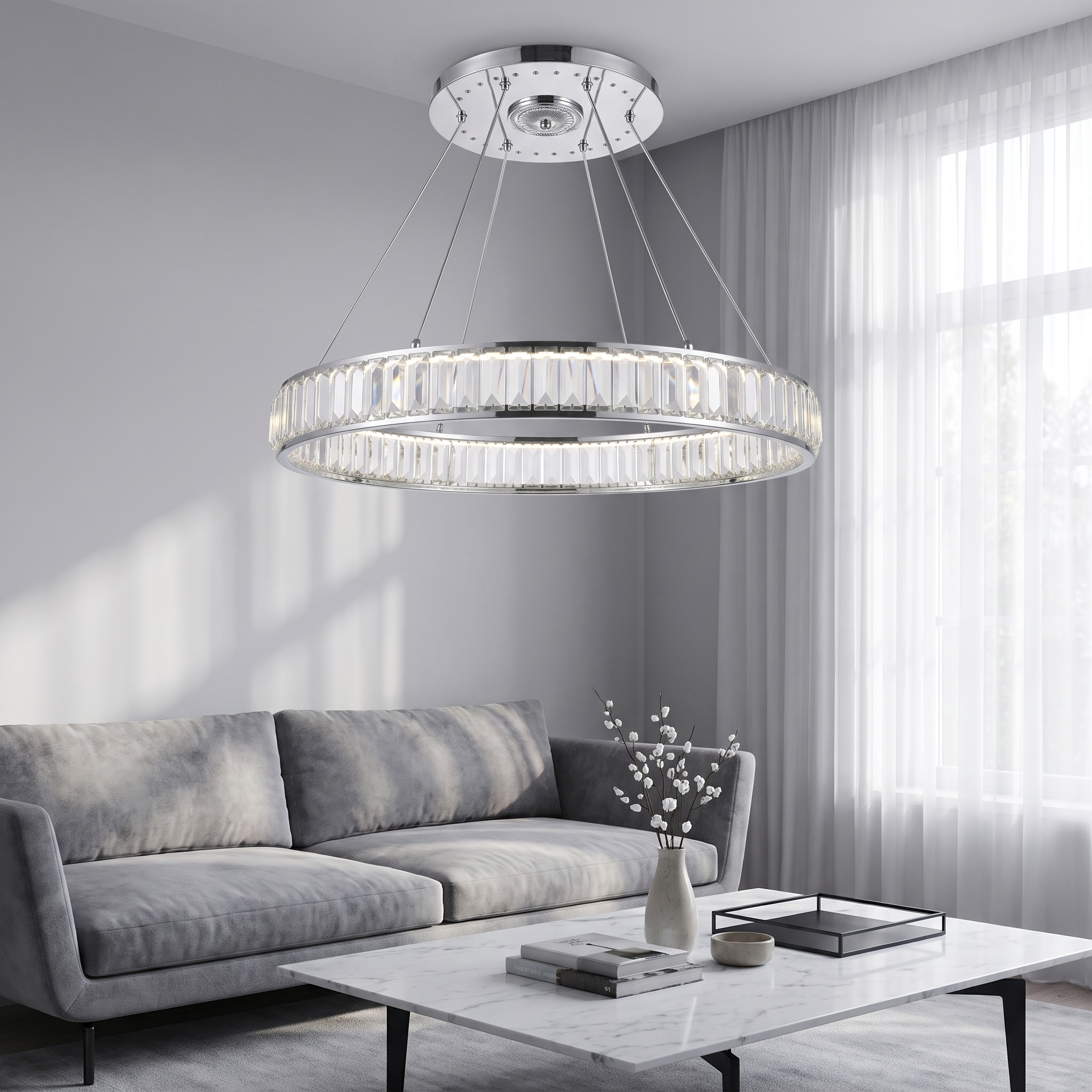 Solaria Crystal Ring Chandelier, Cold White chrome finish, 60cm, styled in a premium modern-luxury living room