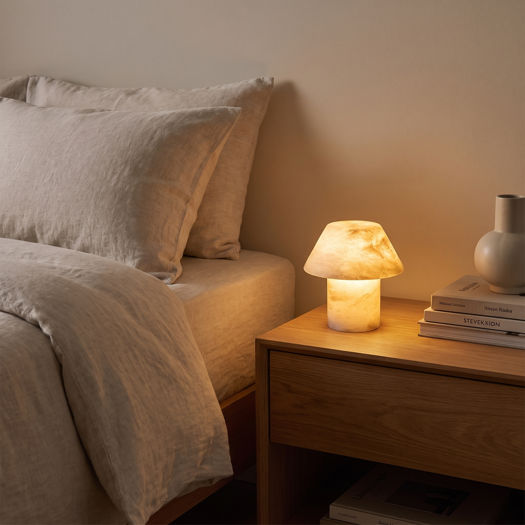 Petra Alabaster Table Lamp, 16cm, styled on a modern bedroom nightstand, no cord
