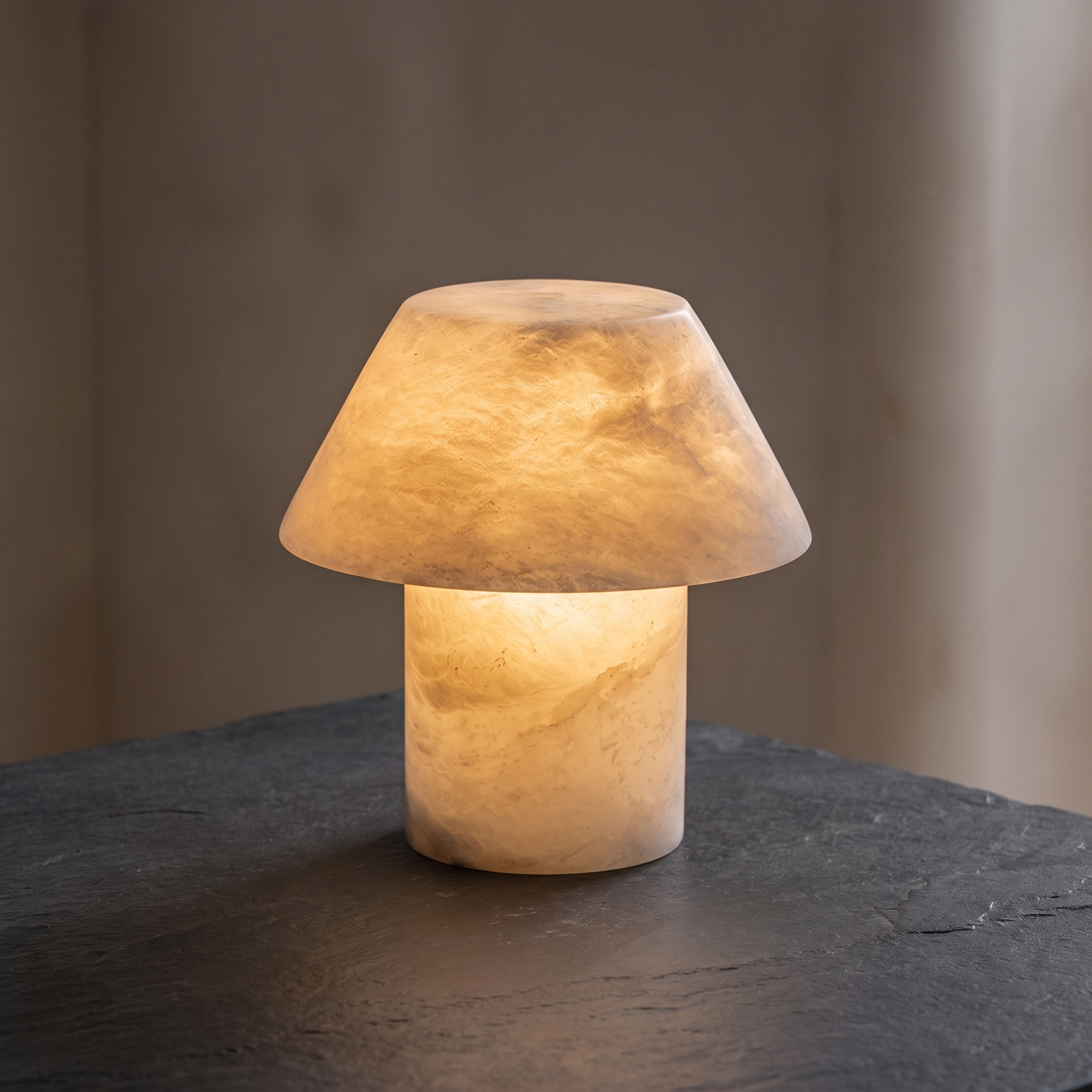 Petra Alabaster Table Lamp lit at dusk, warm honey glow through alabaster, no cord