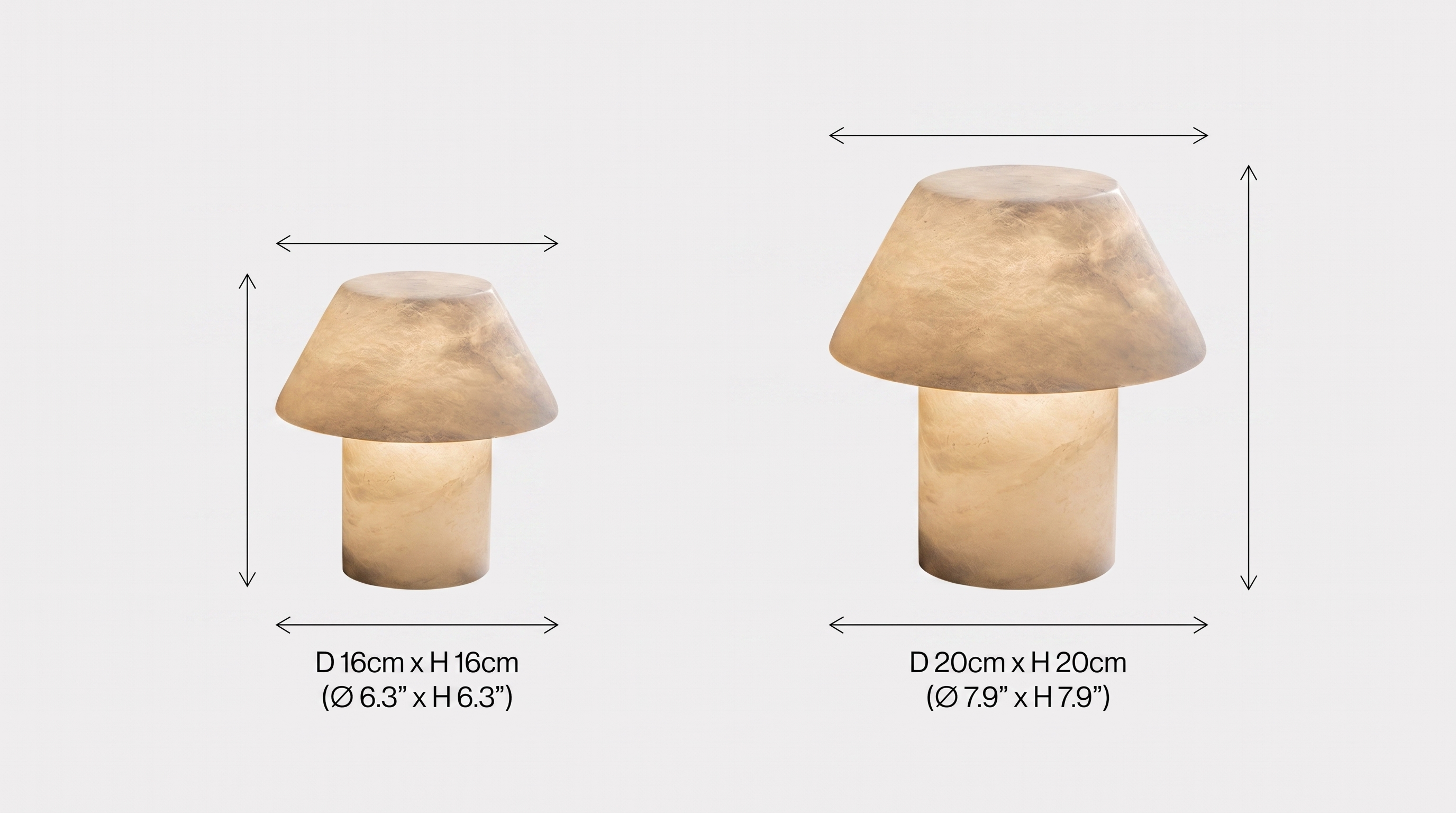 Petra Alabaster Table Lamp dimension guide: 16cm and 20cm sizes, diameter and height only