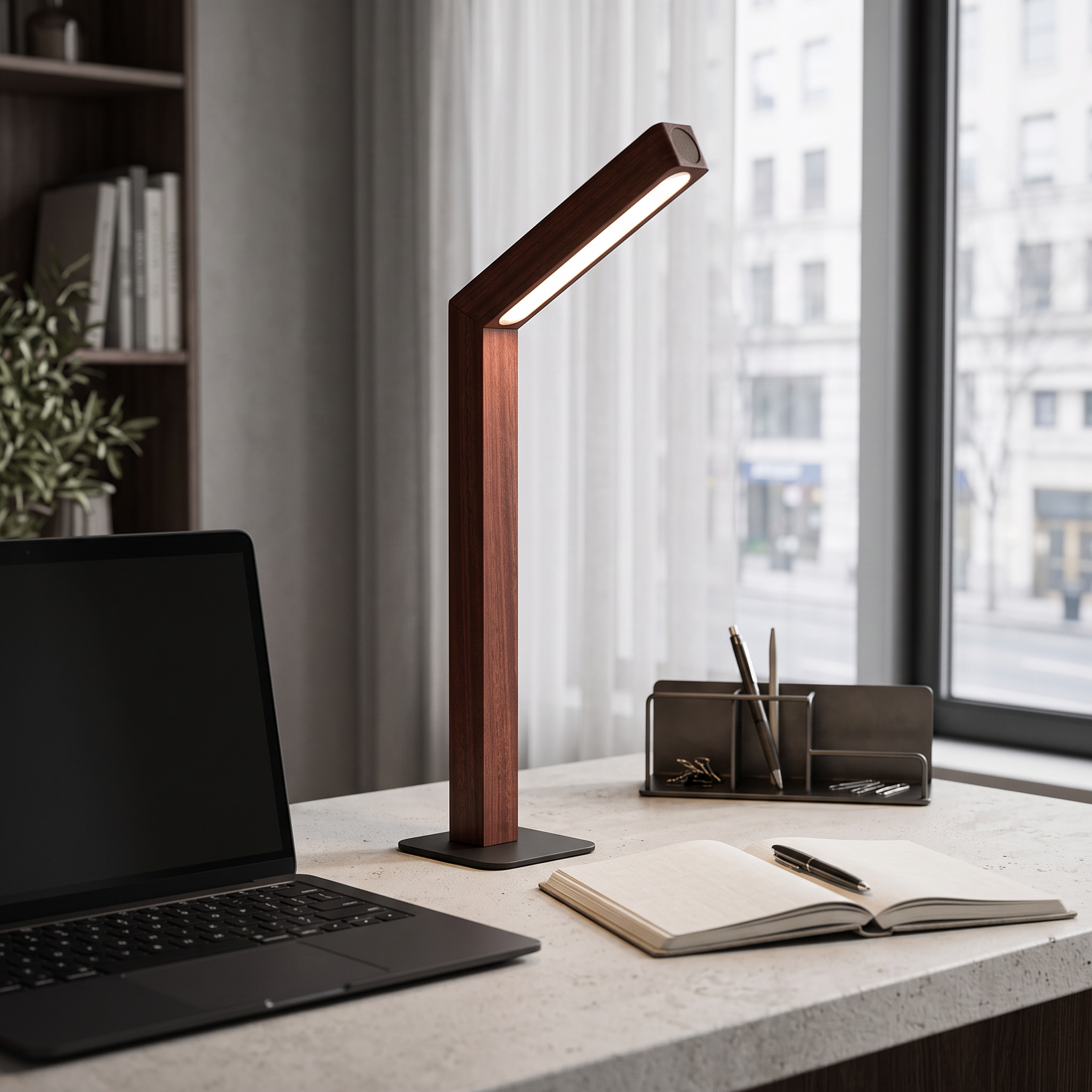 Nordic Touch Table Lamp, Sapele Wood finish, styled on a modern home office desk