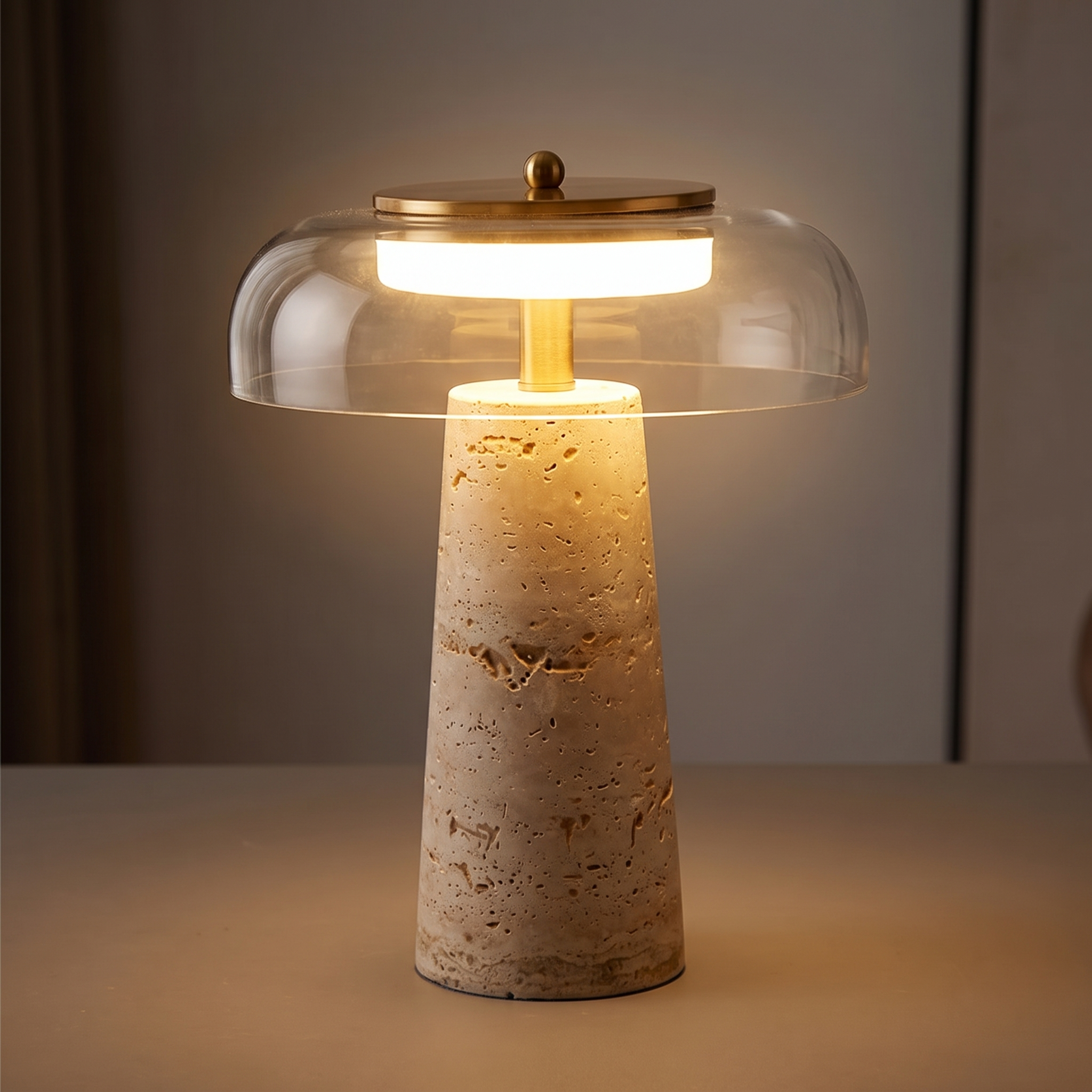 Mushroom Travertine Table Lamp lit, warm glow through glass and stone
