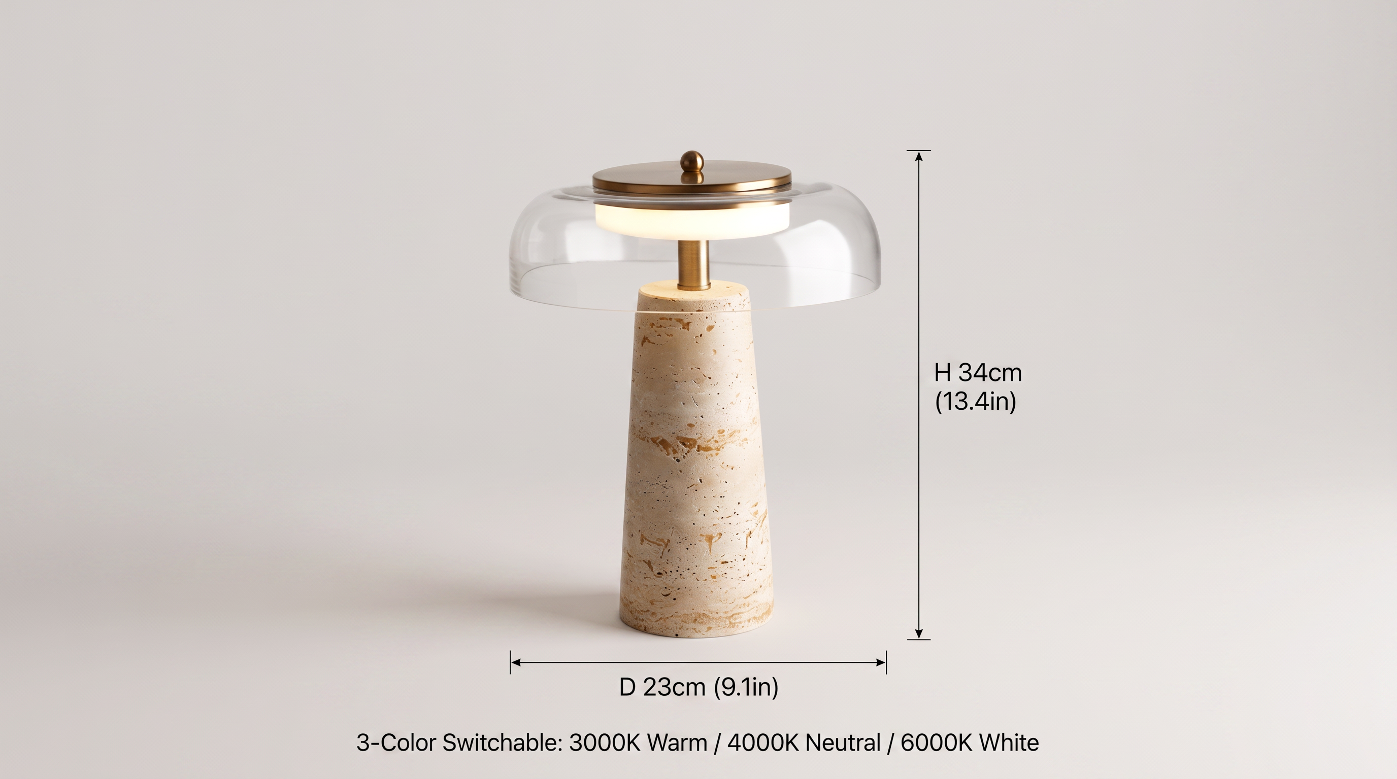 Mushroom Travertine Table Lamp dimension guide: Height 34cm (13.4in) x Diameter 23cm (9.1in), 3-color switchable light