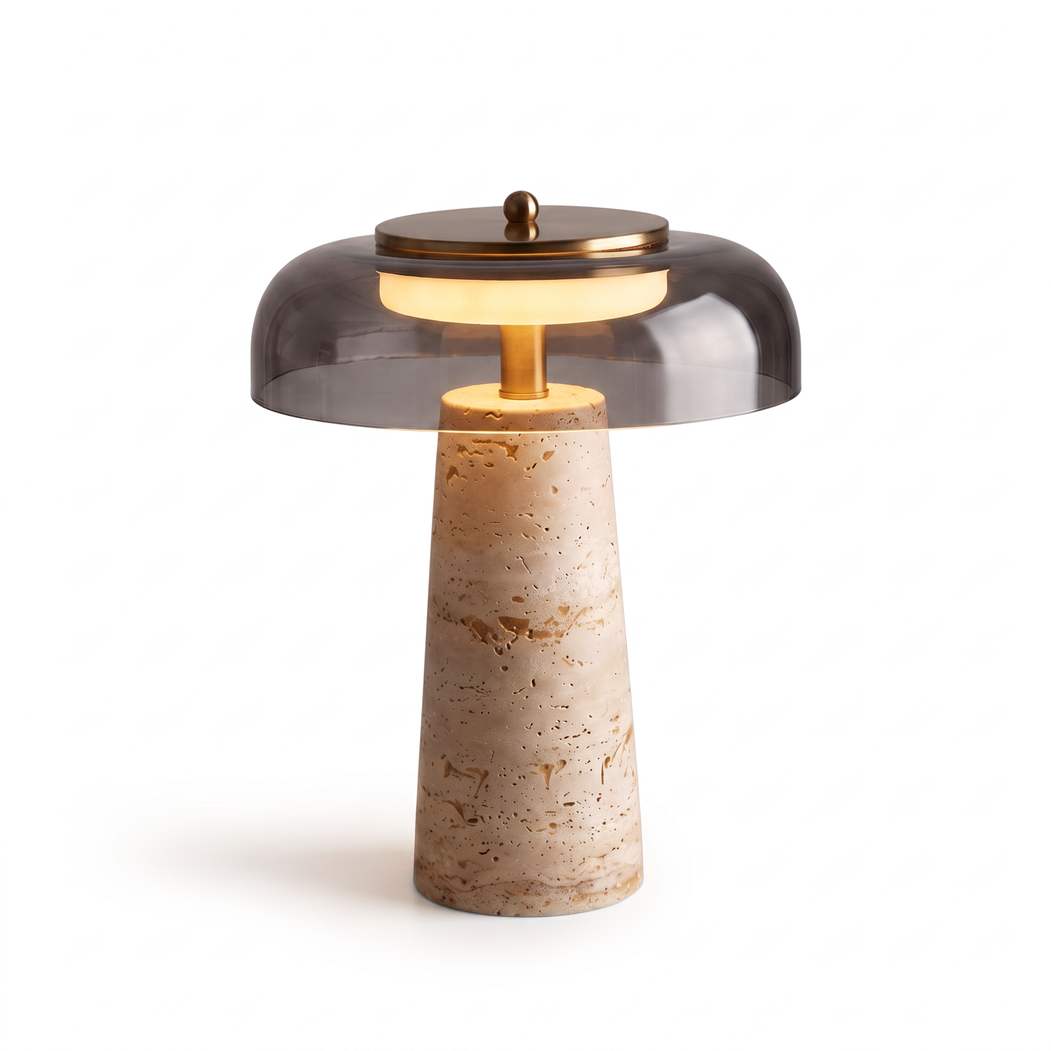 Mushroom Travertine Table Lamp, Smoke glass shade, lit warm glow, premium pure white background