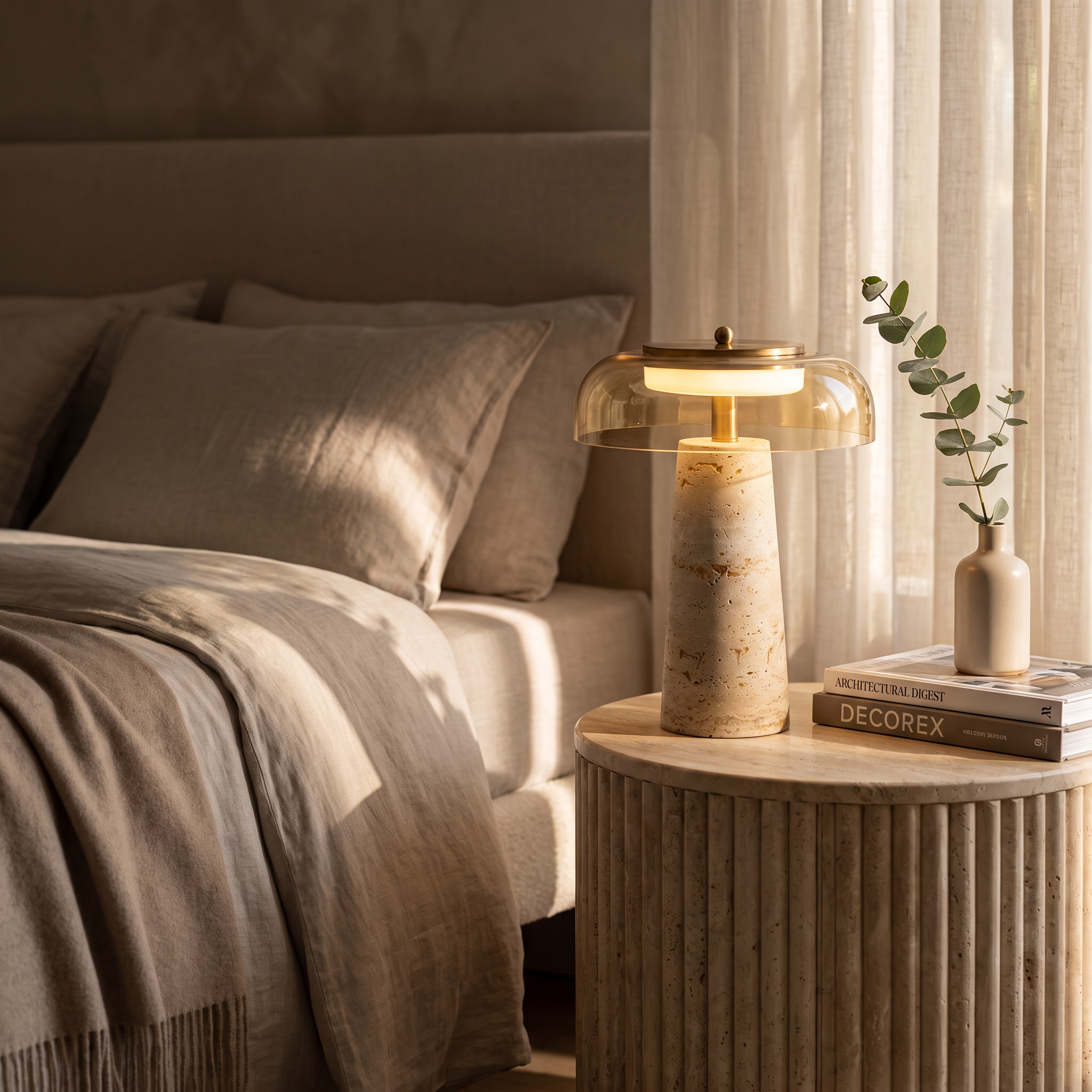 Mushroom Travertine Table Lamp, Clear glass shade, luxury designer bedroom nightstand styling