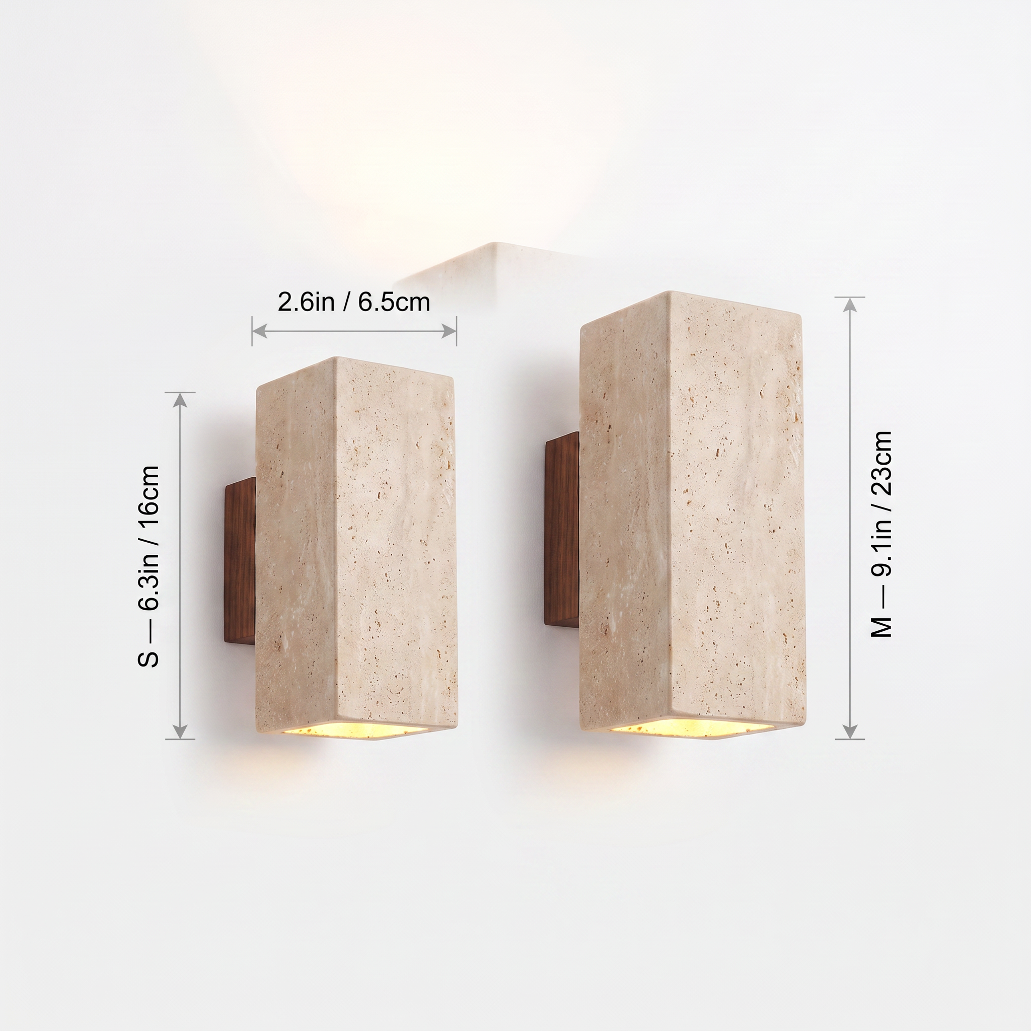 Travertine Column Sconce, Square S vs M dimension guide, 16cm vs 23cm
