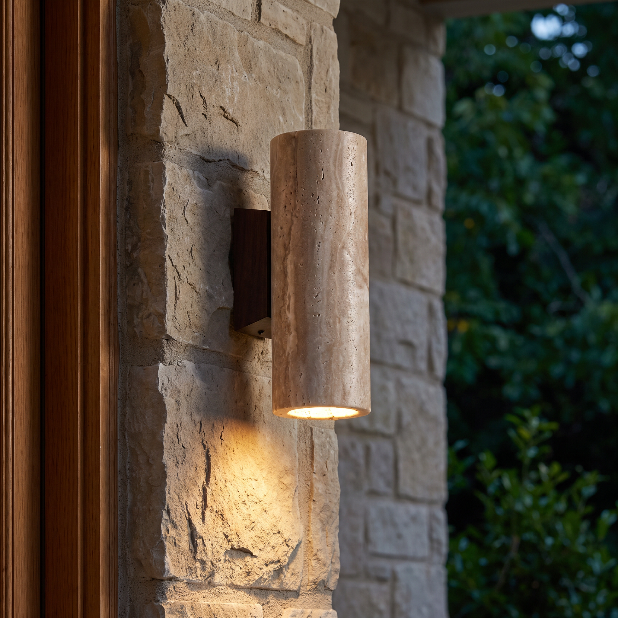 Travertine Column Sconce, Round column, covered luxury porch evening, correct slim scale