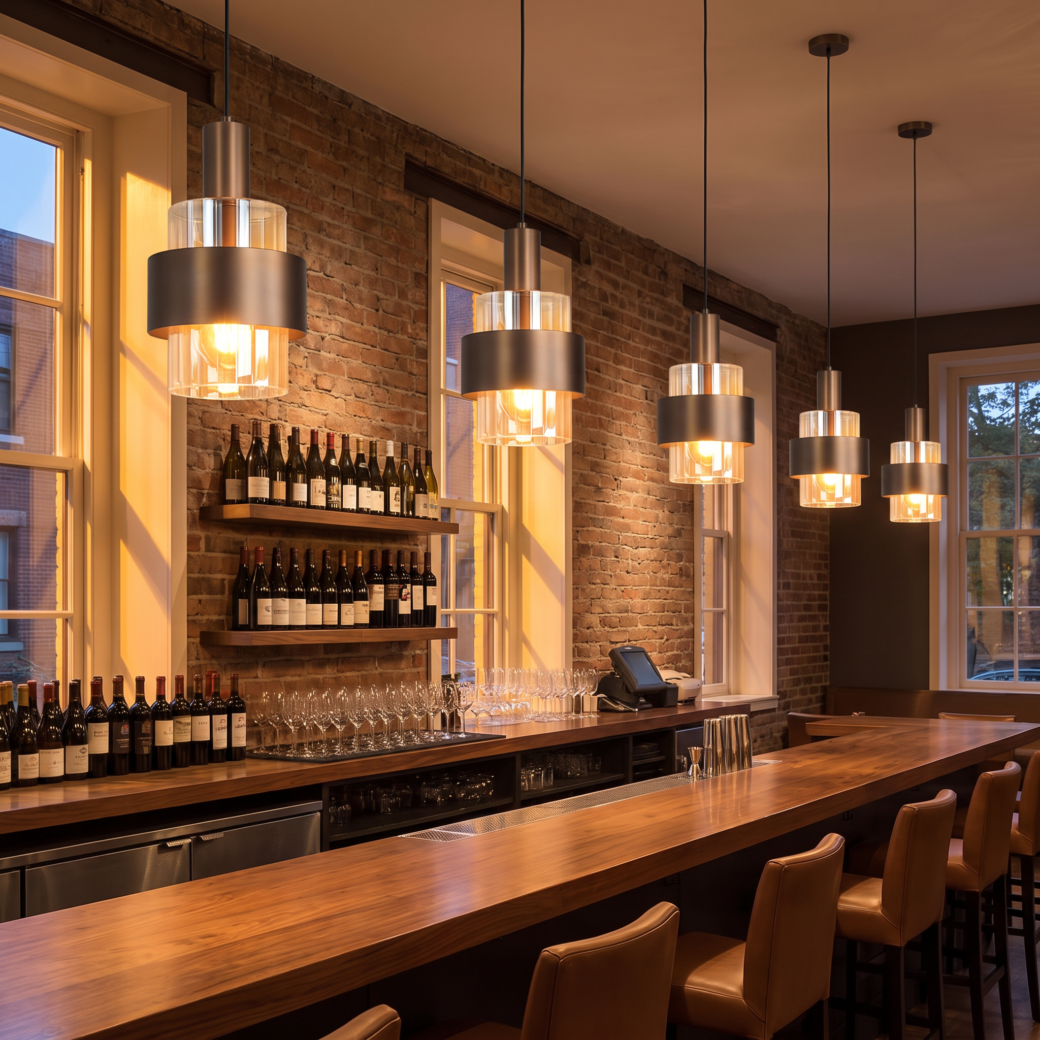 Nordic Glass Pendant Chandelier Set, multiple fixtures in an empty modern restaurant bar
