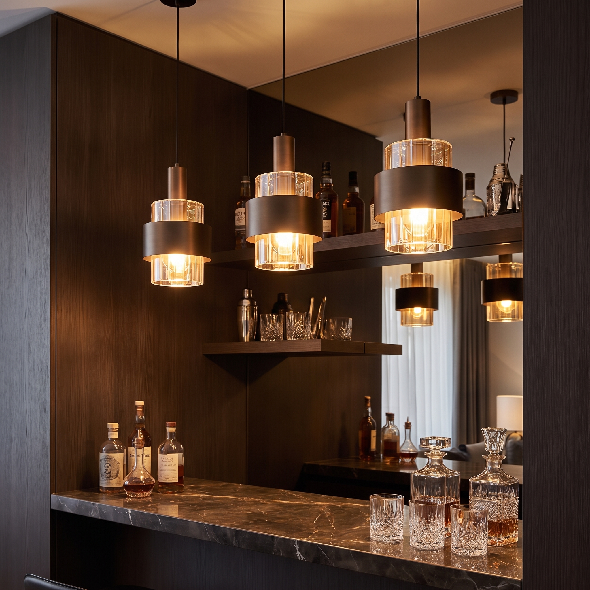 Nordic Glass Pendant Chandelier Set, three fixtures above a luxury home bar nook