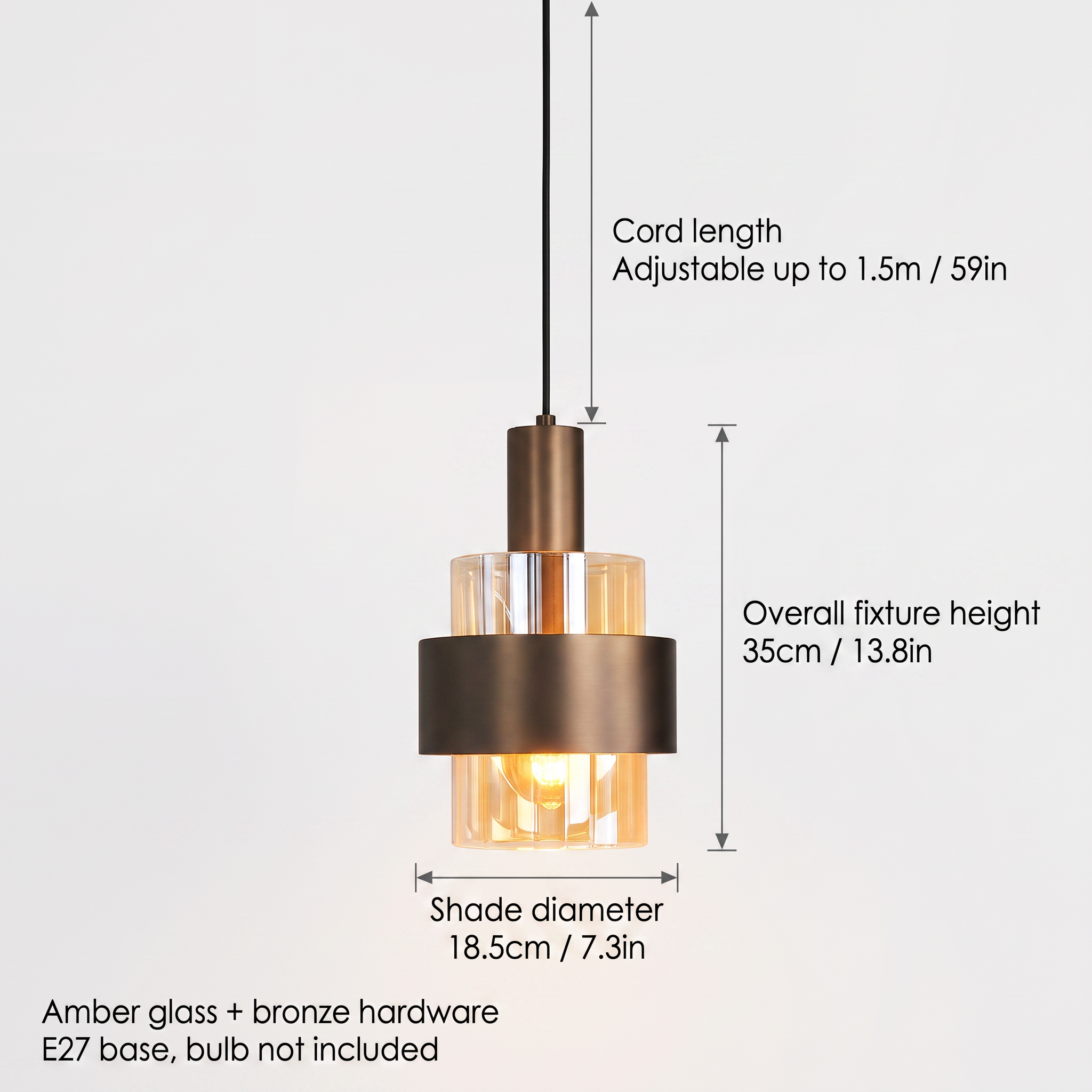 Nordic Glass Pendant Chandelier Set, dimension guide: 18.5cm shade diameter, 35cm fixture height, 1.5m adjustable cord