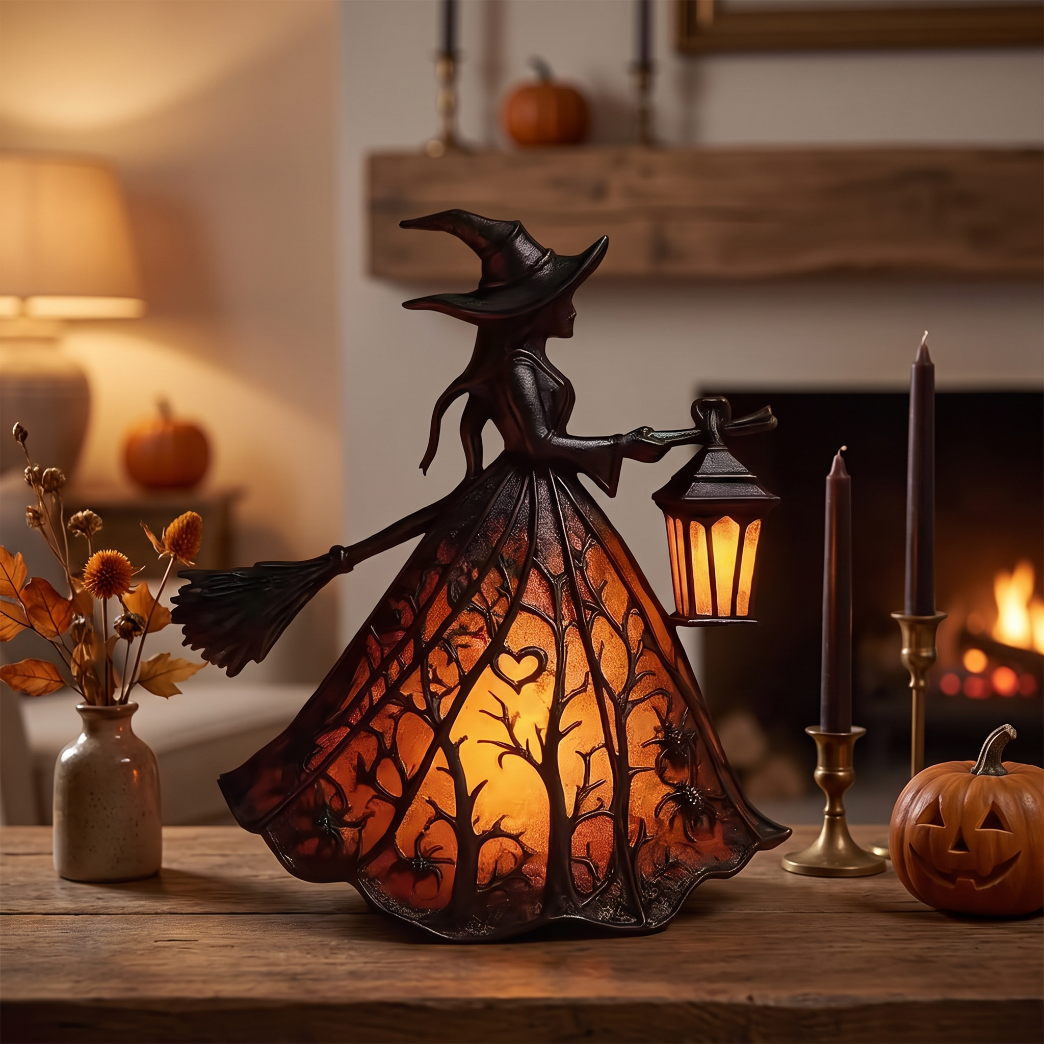 Gothic Witch Lantern Night Light, mantel display lifestyle scene