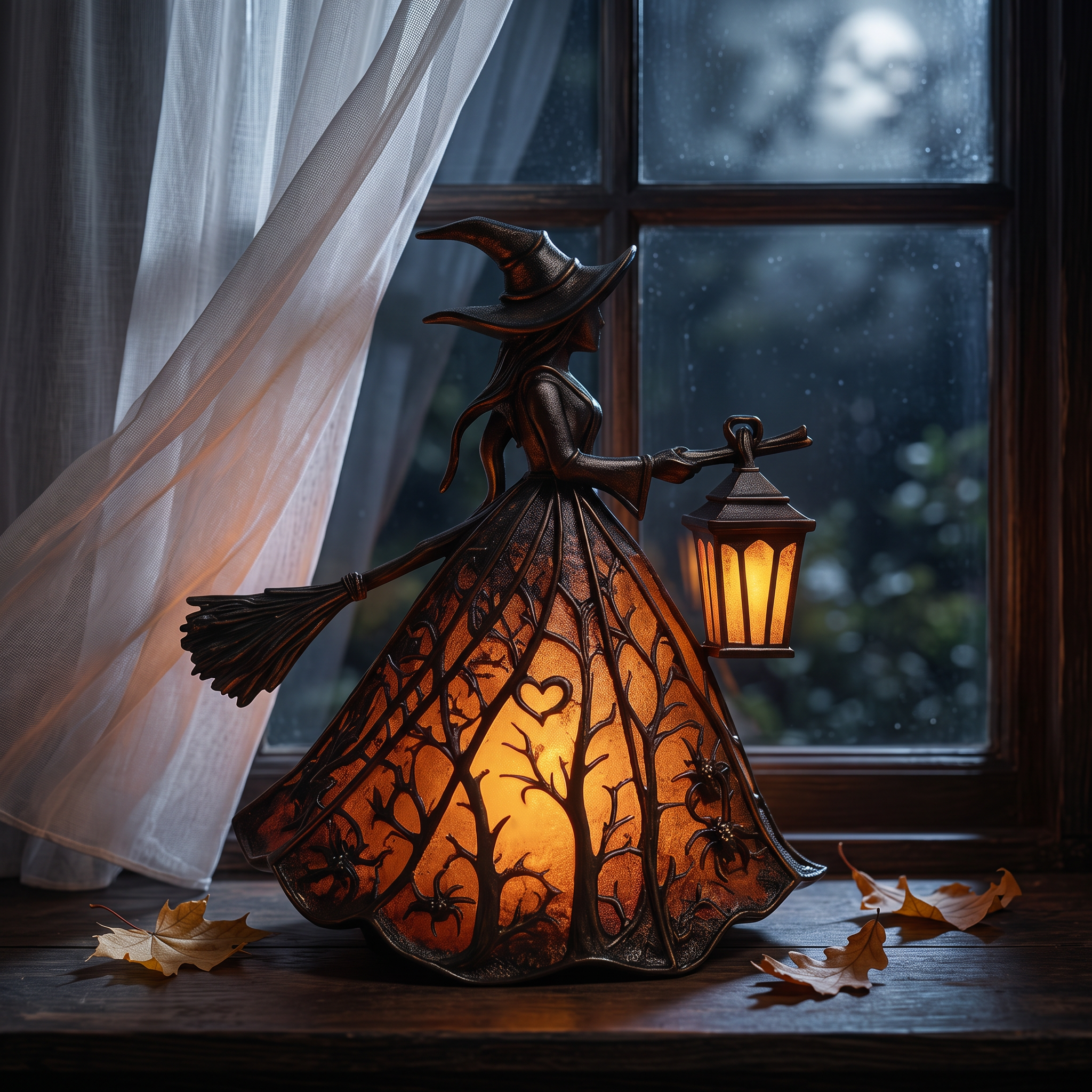 Gothic Witch Lantern Night Light, moonlit windowsill lifestyle scene