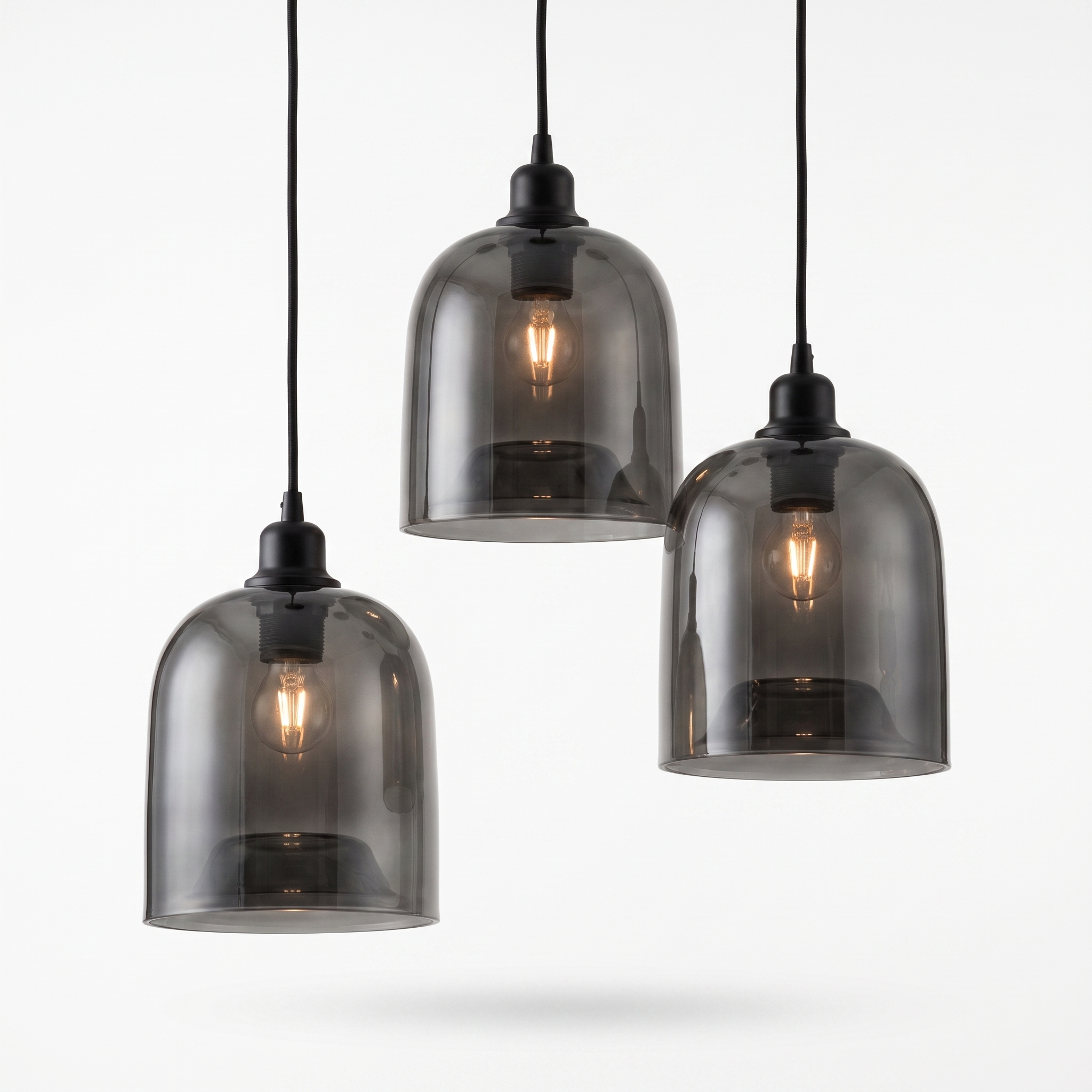 Smoked Glass Bell Pendant Light Set for Kitchen Island, white background hero