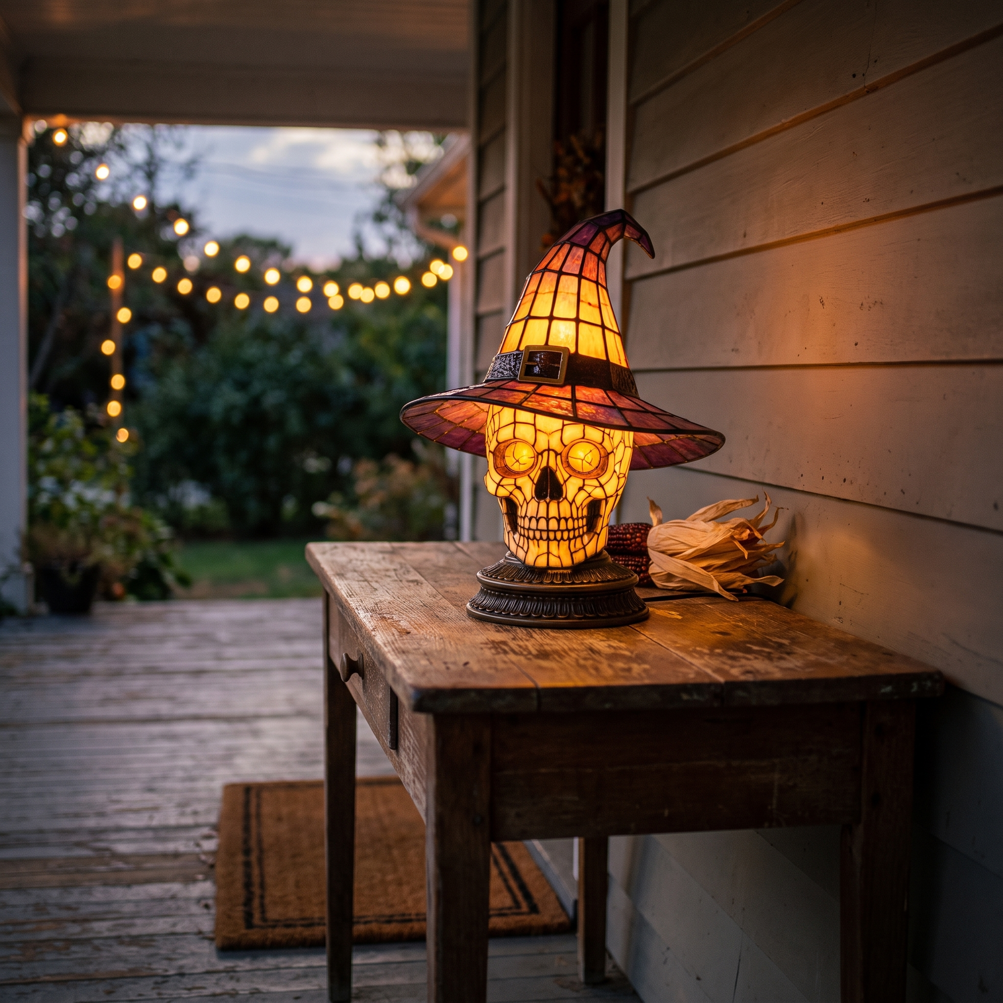 Skull Witch Hat Stained Glass Lamp - porch entryway styling