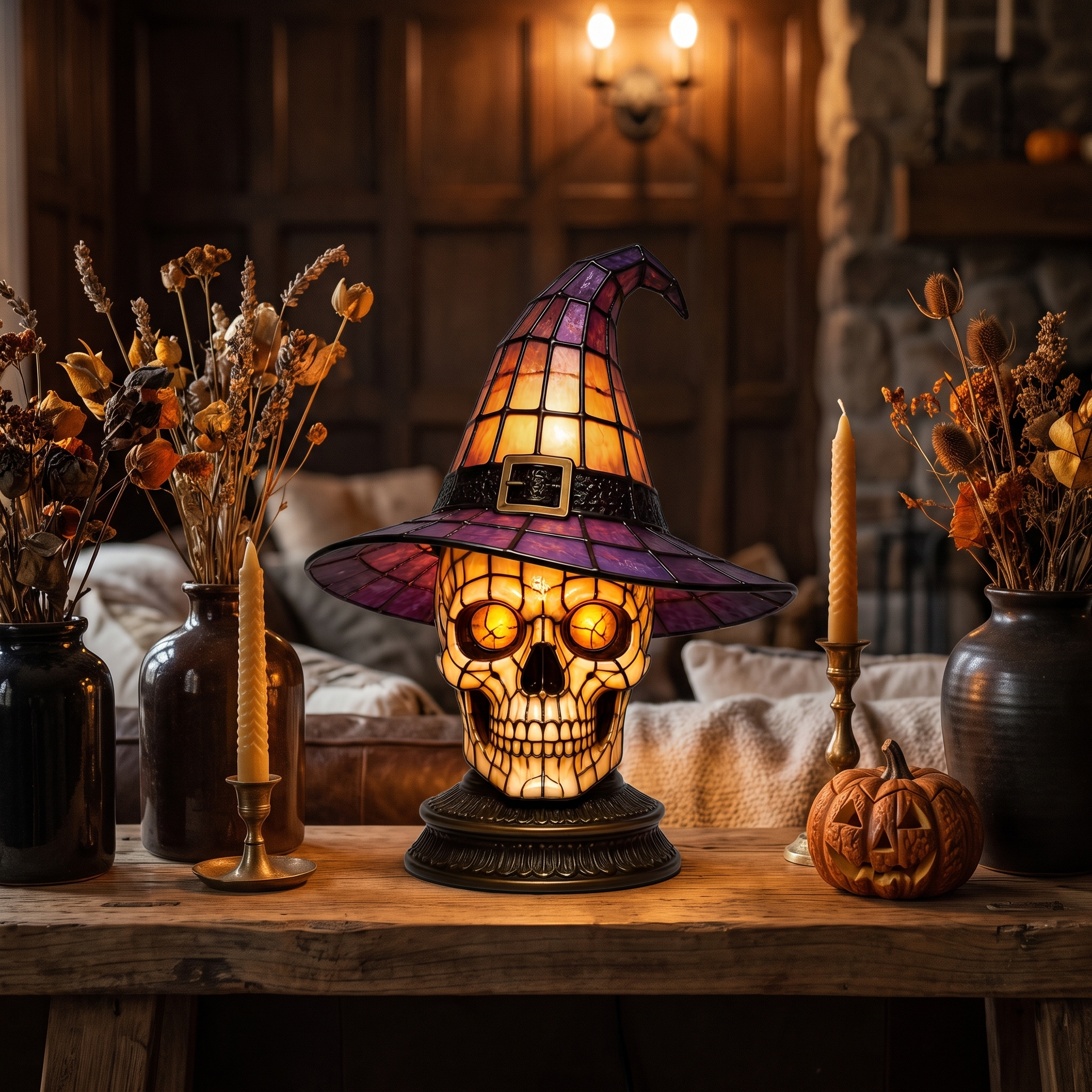 Skull Witch Hat Stained Glass Lamp - gothic mantel styling