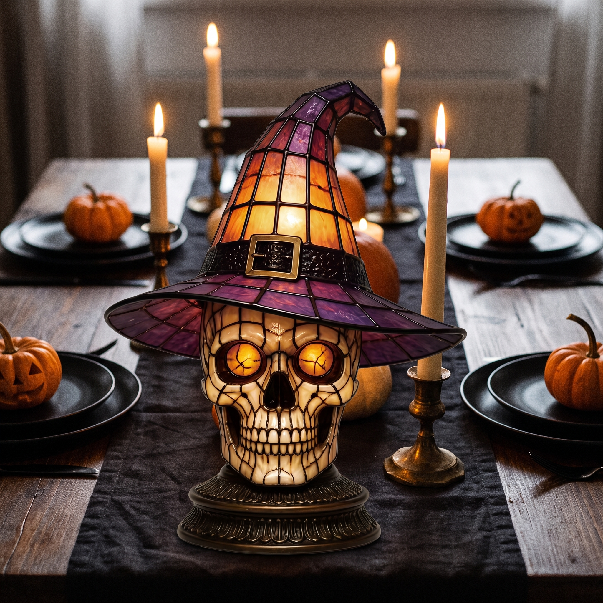 Skull Witch Hat Stained Glass Lamp - Halloween tablescape