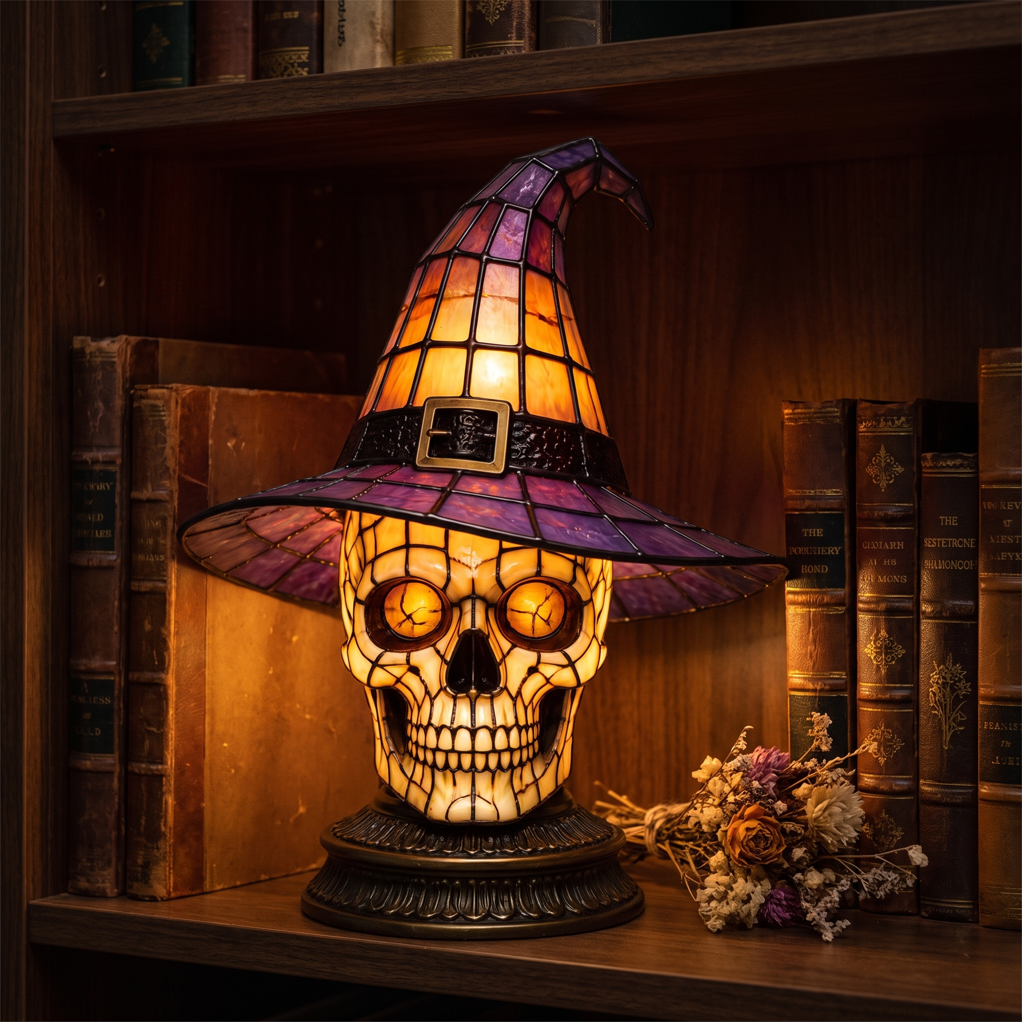 Skull Witch Hat Stained Glass Lamp - bookshelf styling