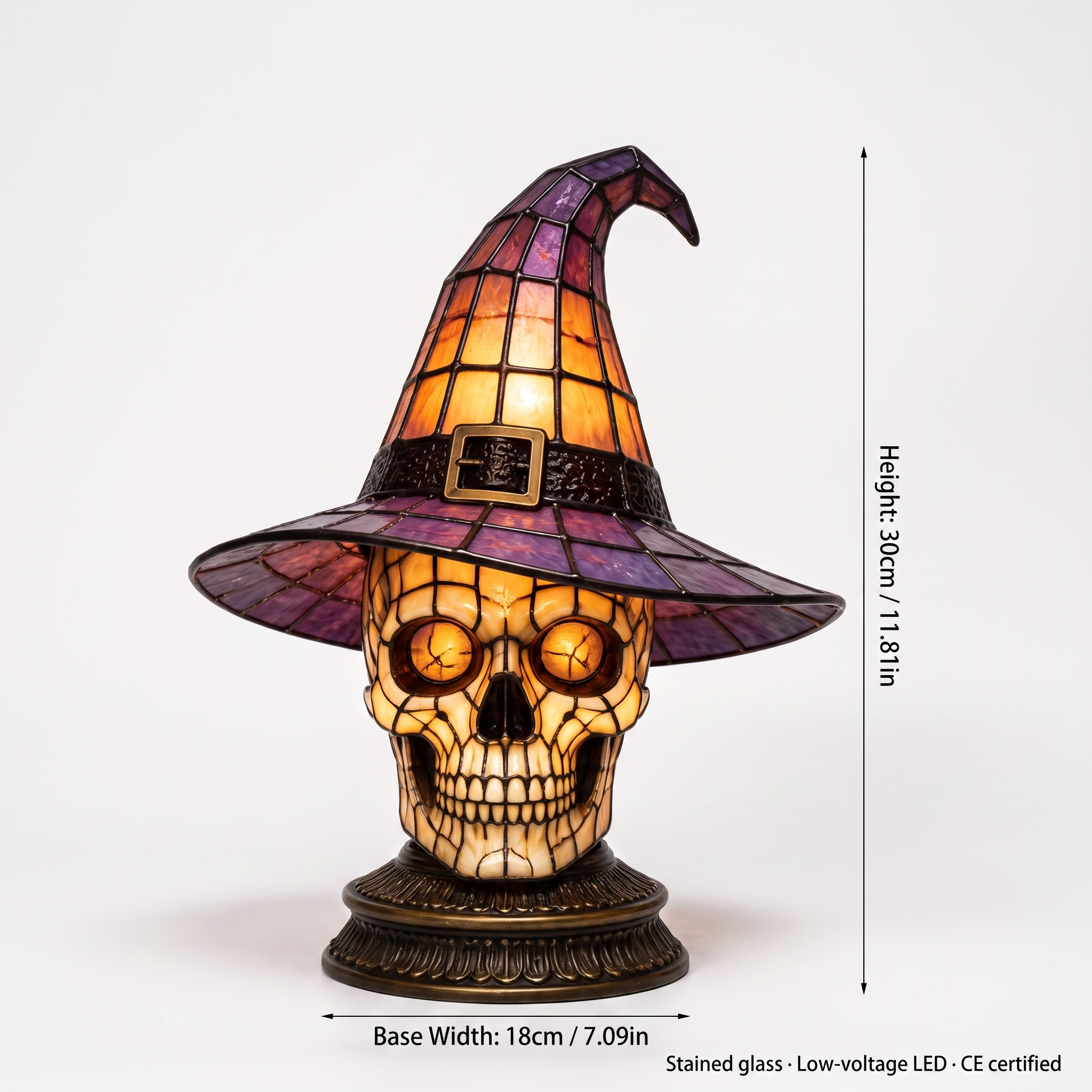 Skull Witch Hat Stained Glass Lamp - dimensions