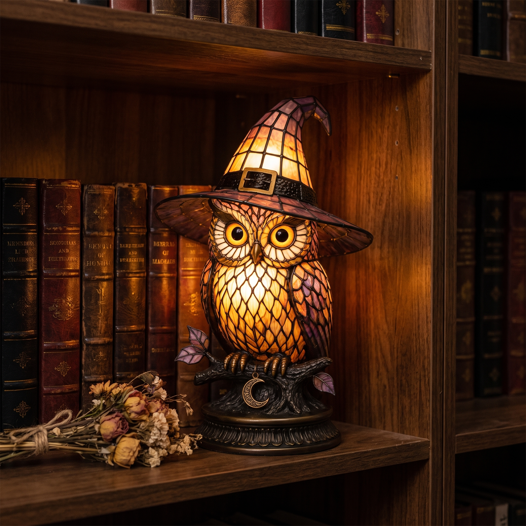 Owl Witch Hat Stained Glass Lamp - bookshelf styling