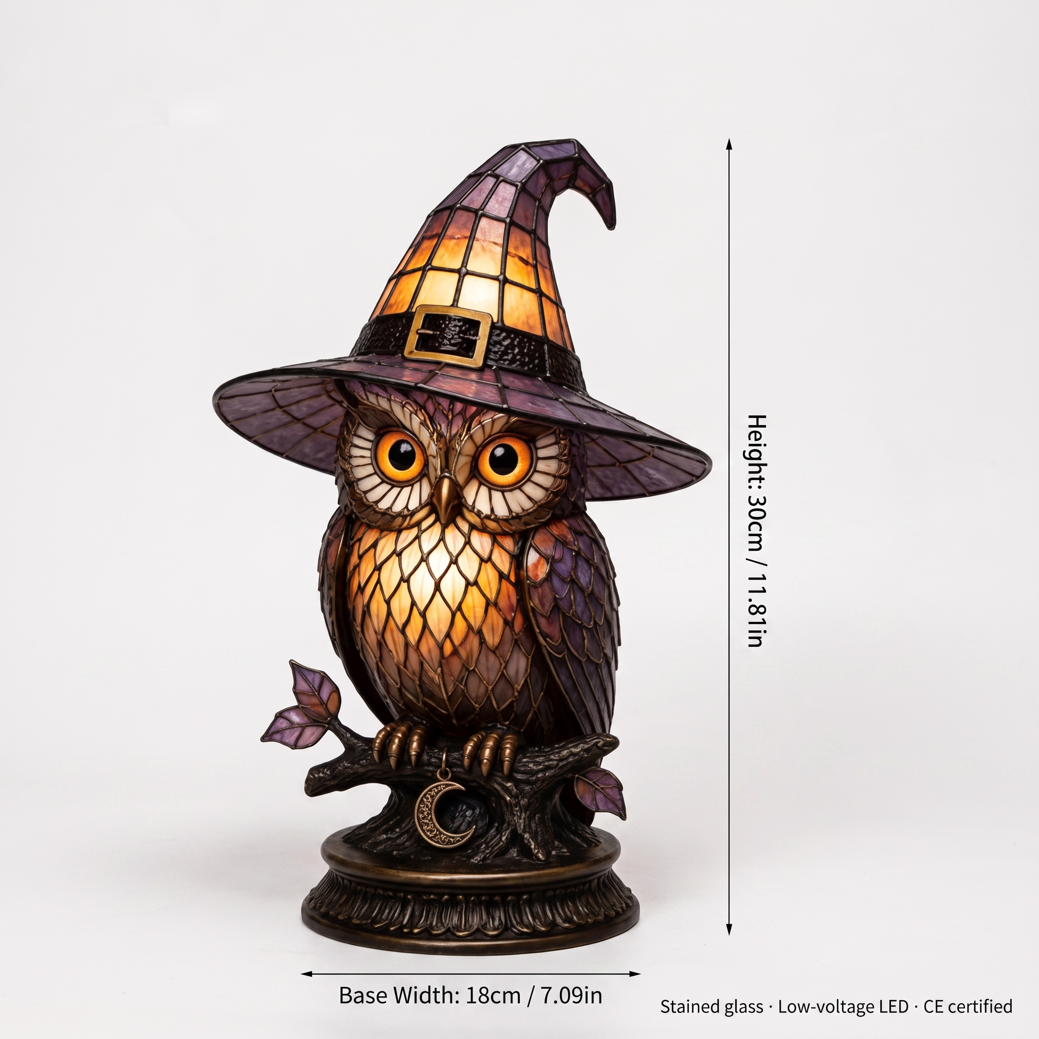 Owl Witch Hat Stained Glass Lamp - dimensions