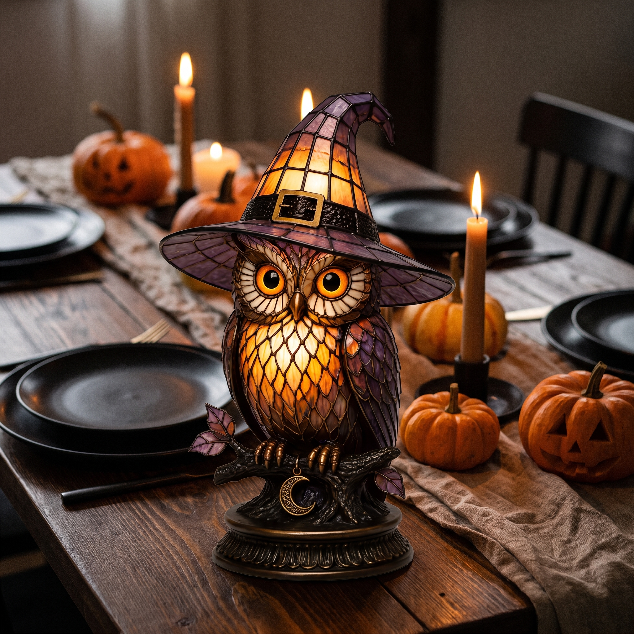 Owl Witch Hat Stained Glass Lamp - Halloween tablescape