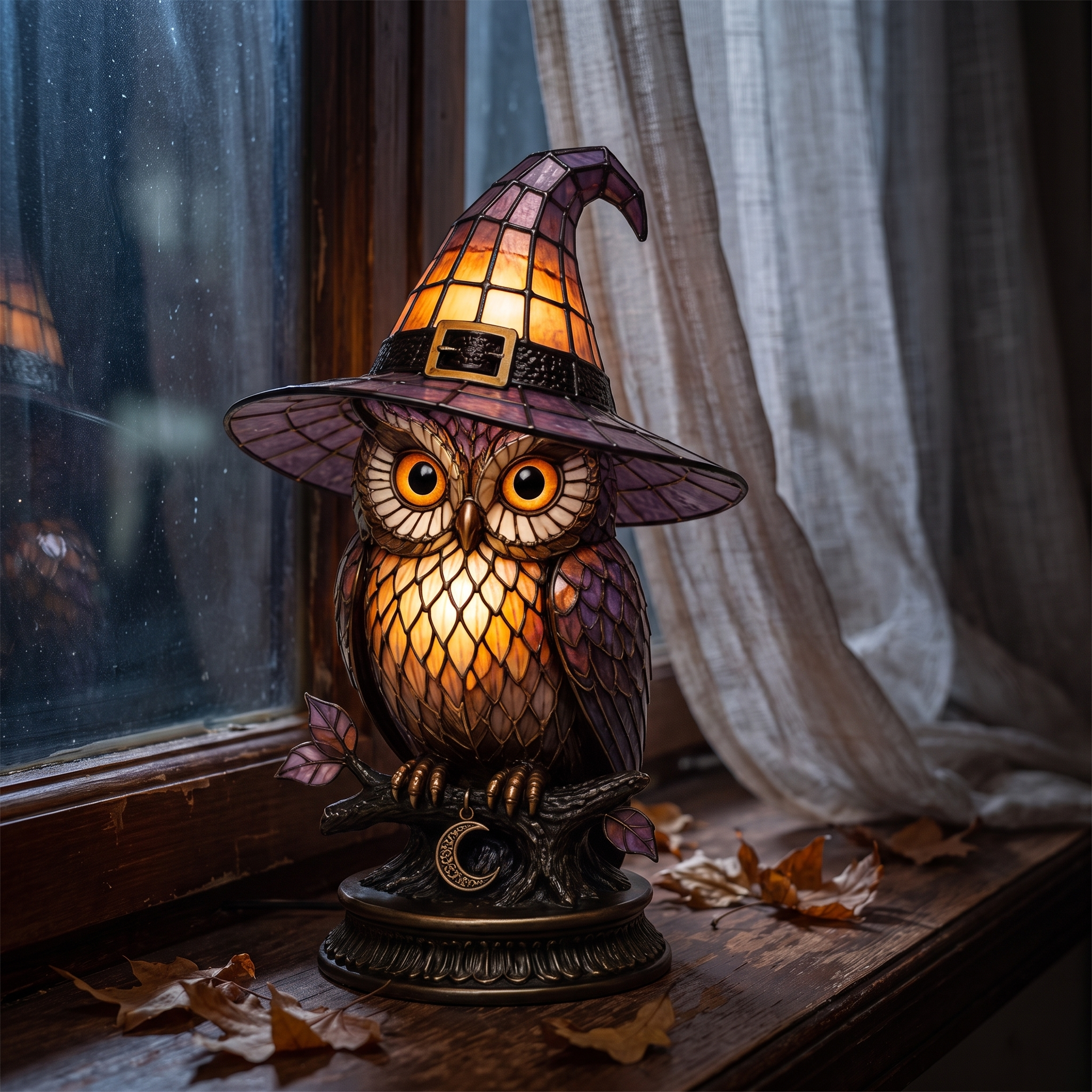 Owl Witch Hat Stained Glass Lamp - windowsill at night