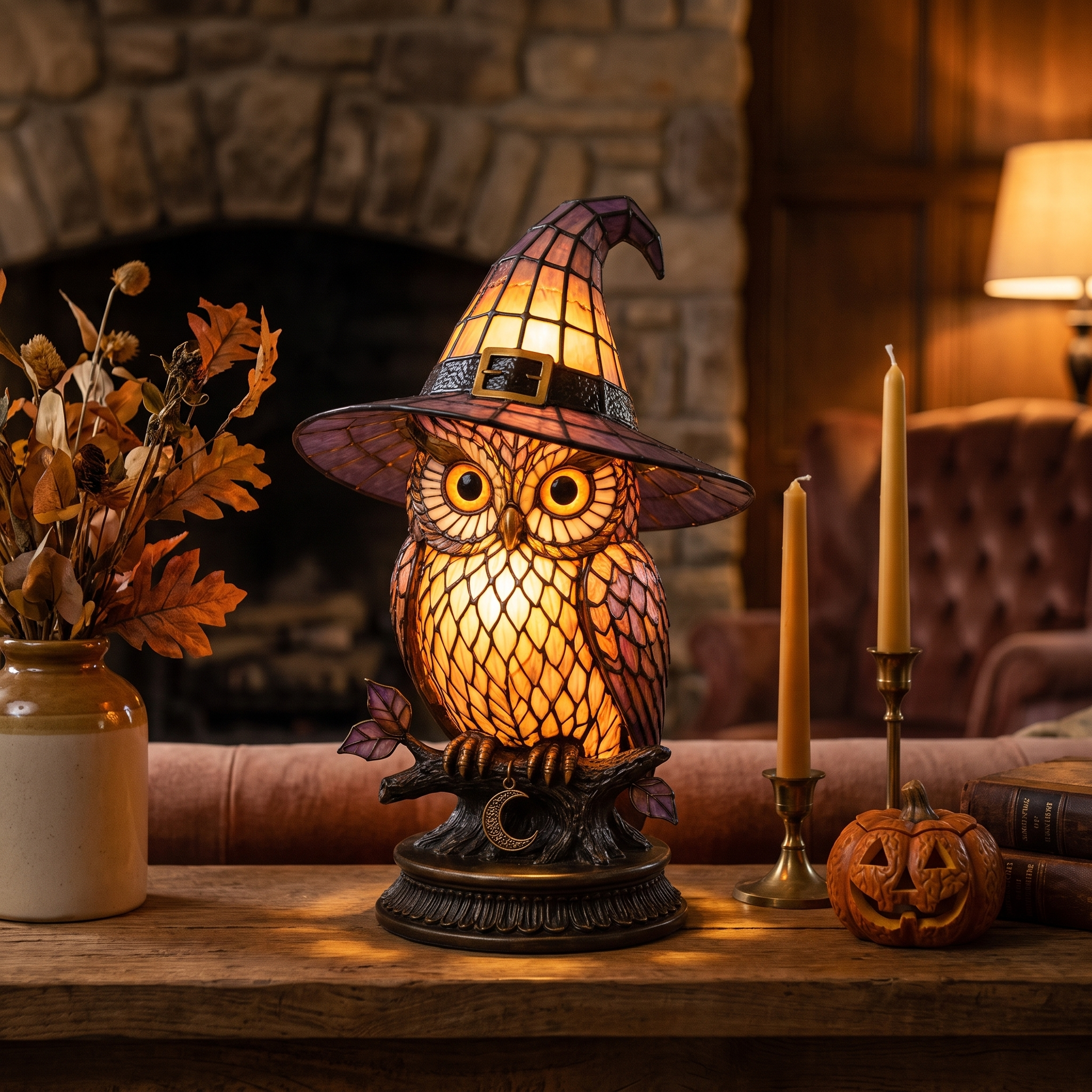 Owl Witch Hat Stained Glass Lamp - gothic mantel styling