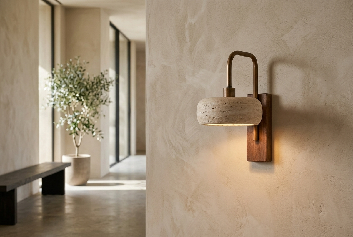 Tavik Vintage Rustic Travertine Stone Cylinder Wall Sconce