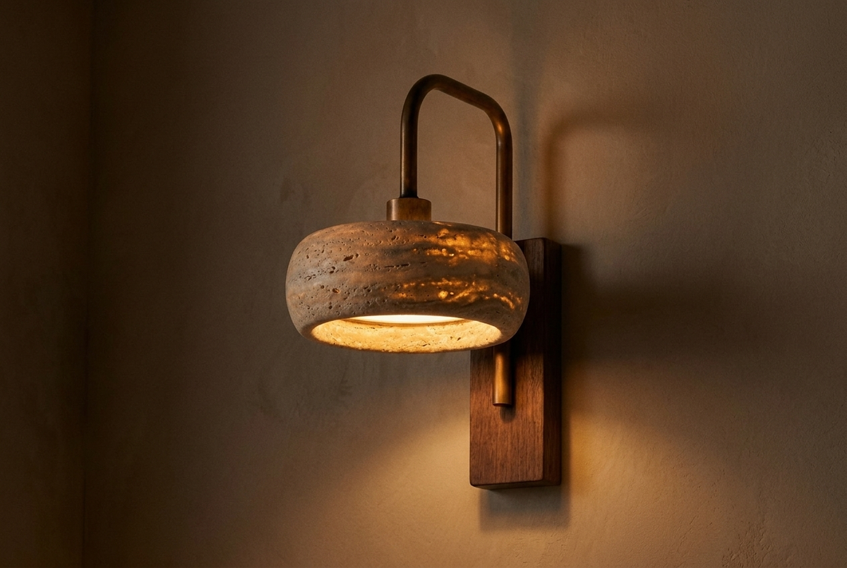 Tavik Vintage Rustic Travertine Stone Cylinder Wall Sconce